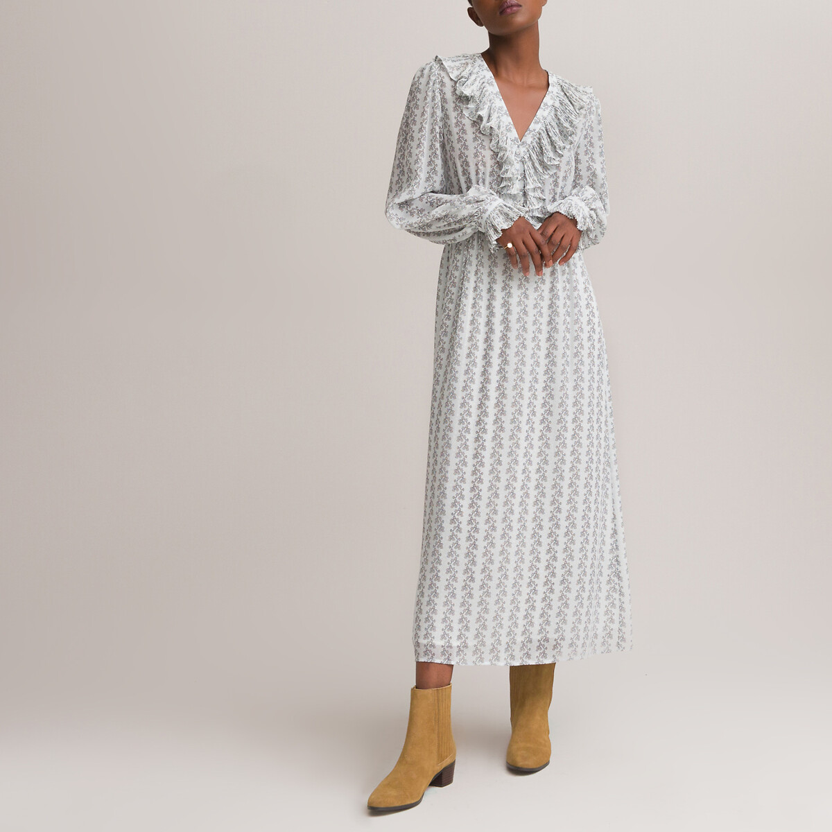 Платье LaRedoute Длинное с V-образным вырезом и длинными рукавами с принтом 44 бежевый, размер 44 - фото 2