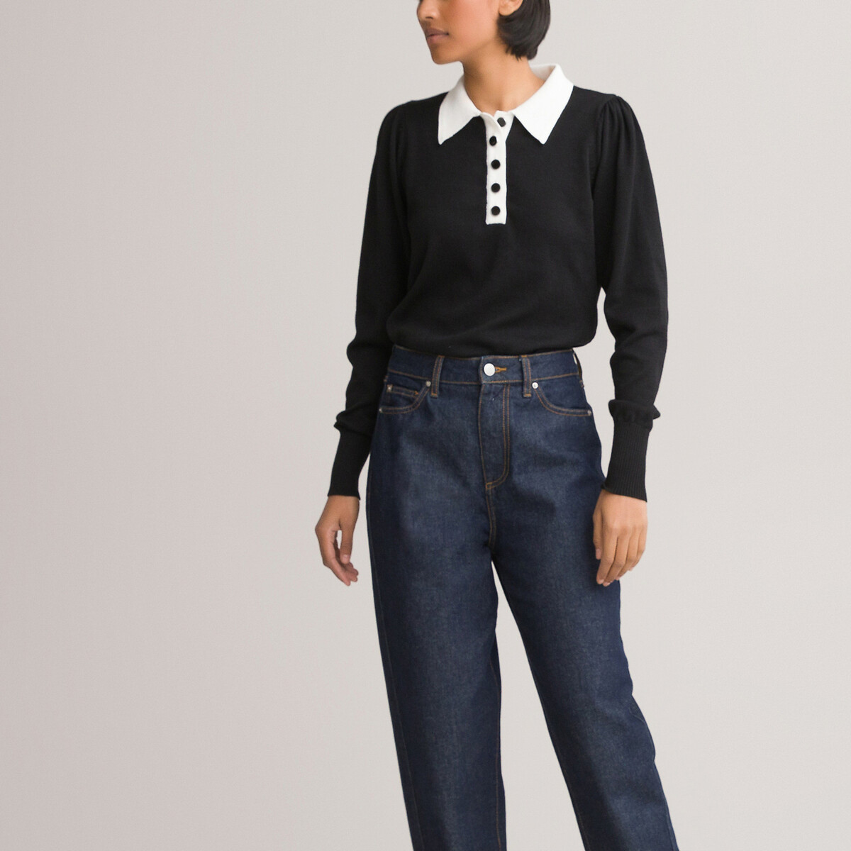 Пуловер LaRedoute С воротником-поло двухцветный декоративные пуговицы M черный, размер M - фото 3