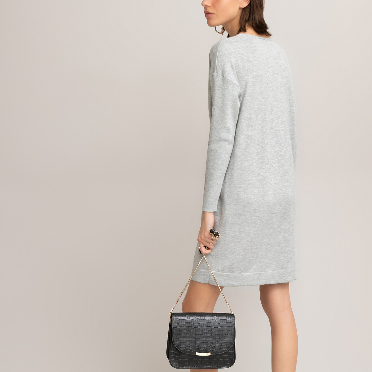 Платье-пуловер La Redoute Короткое V-образный вырез и длинные рукава из трикотажа S серый, размер S - фото 4