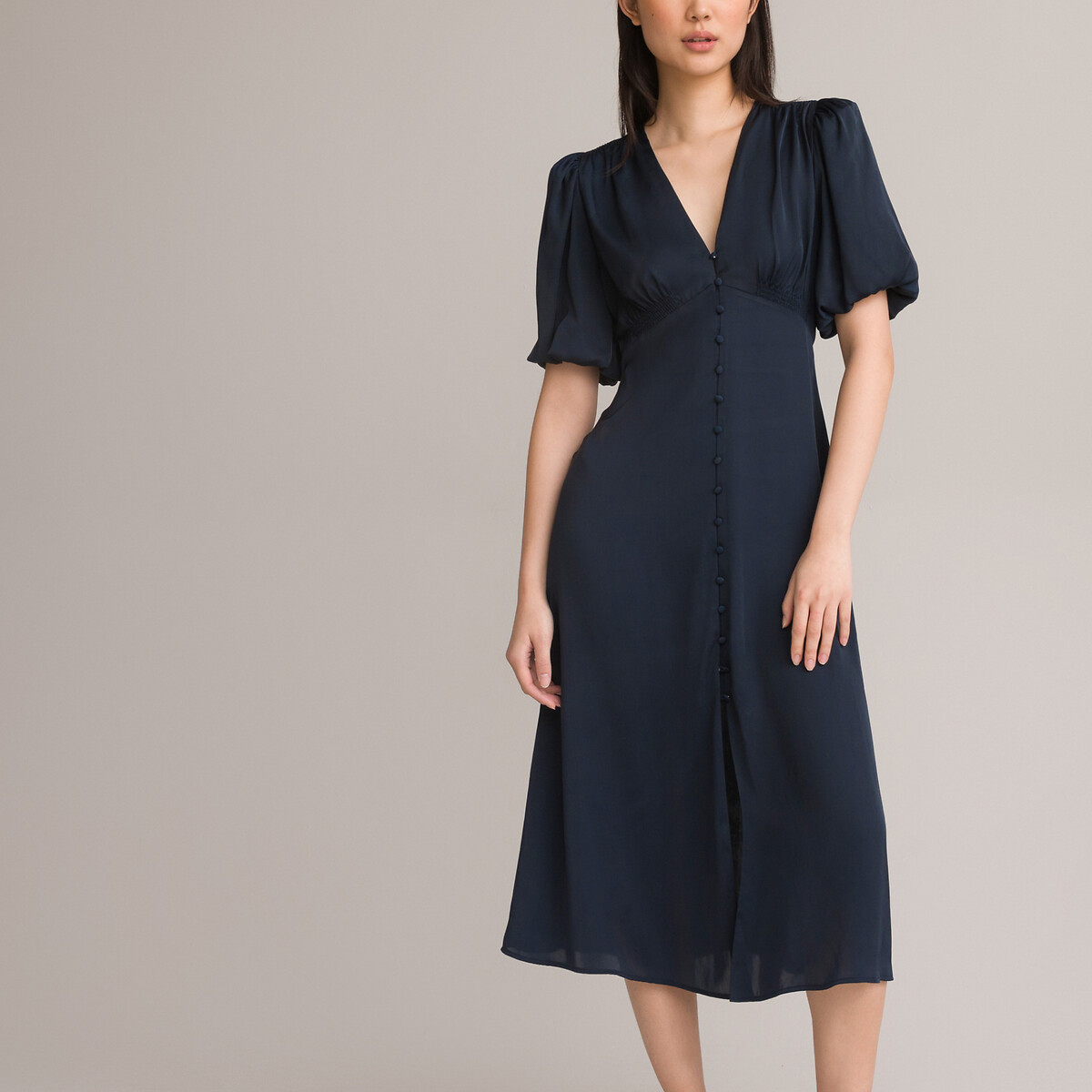 Платье Длинное расклешенное короткие рукава с напуском 46 синий LaRedoute, размер 46 - фото 2