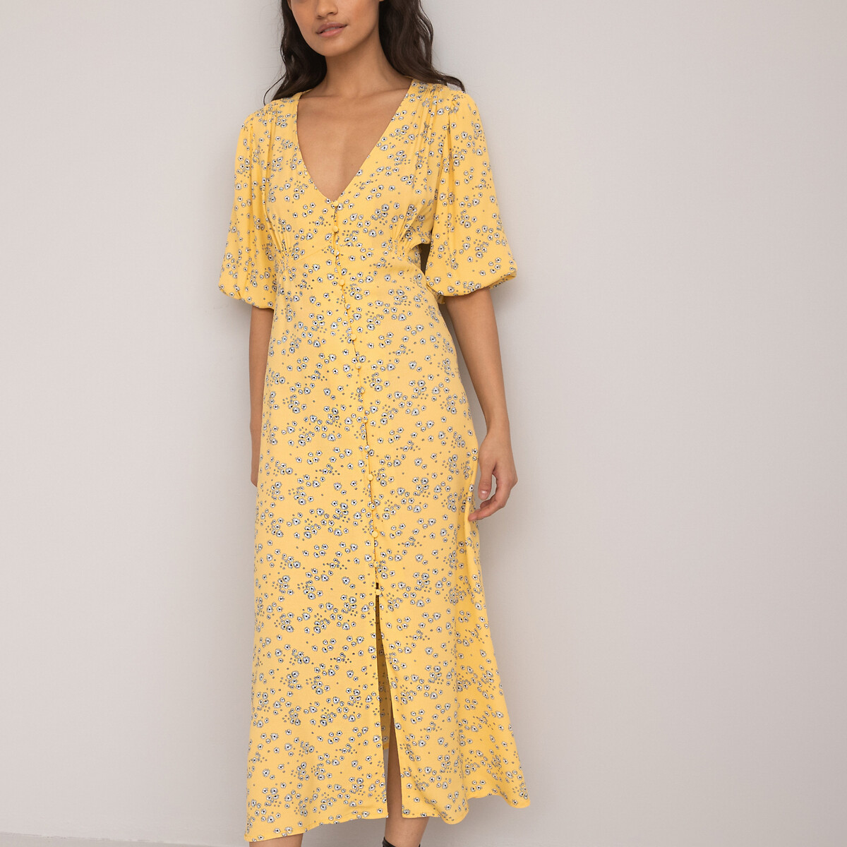 Платье Длинное с V-образным вырезом короткими рукавами с напуском 40 желтый LaRedoute, размер 40 - фото 2