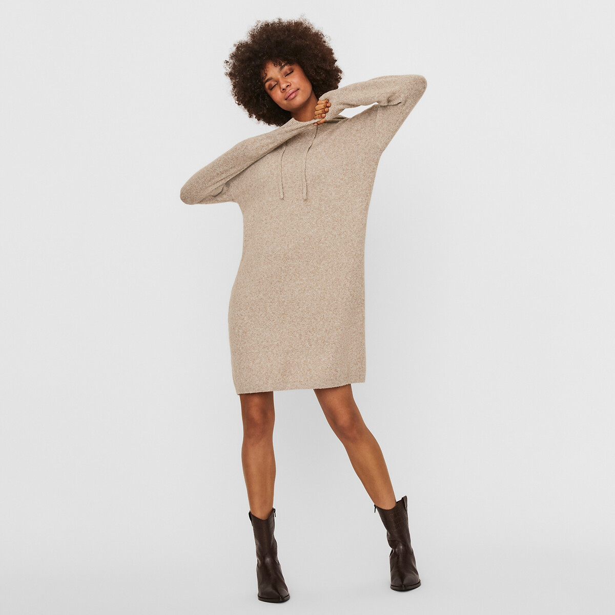 Платье-пуловер LaRedoute С капюшоном S бежевый, размер S - фото 2
