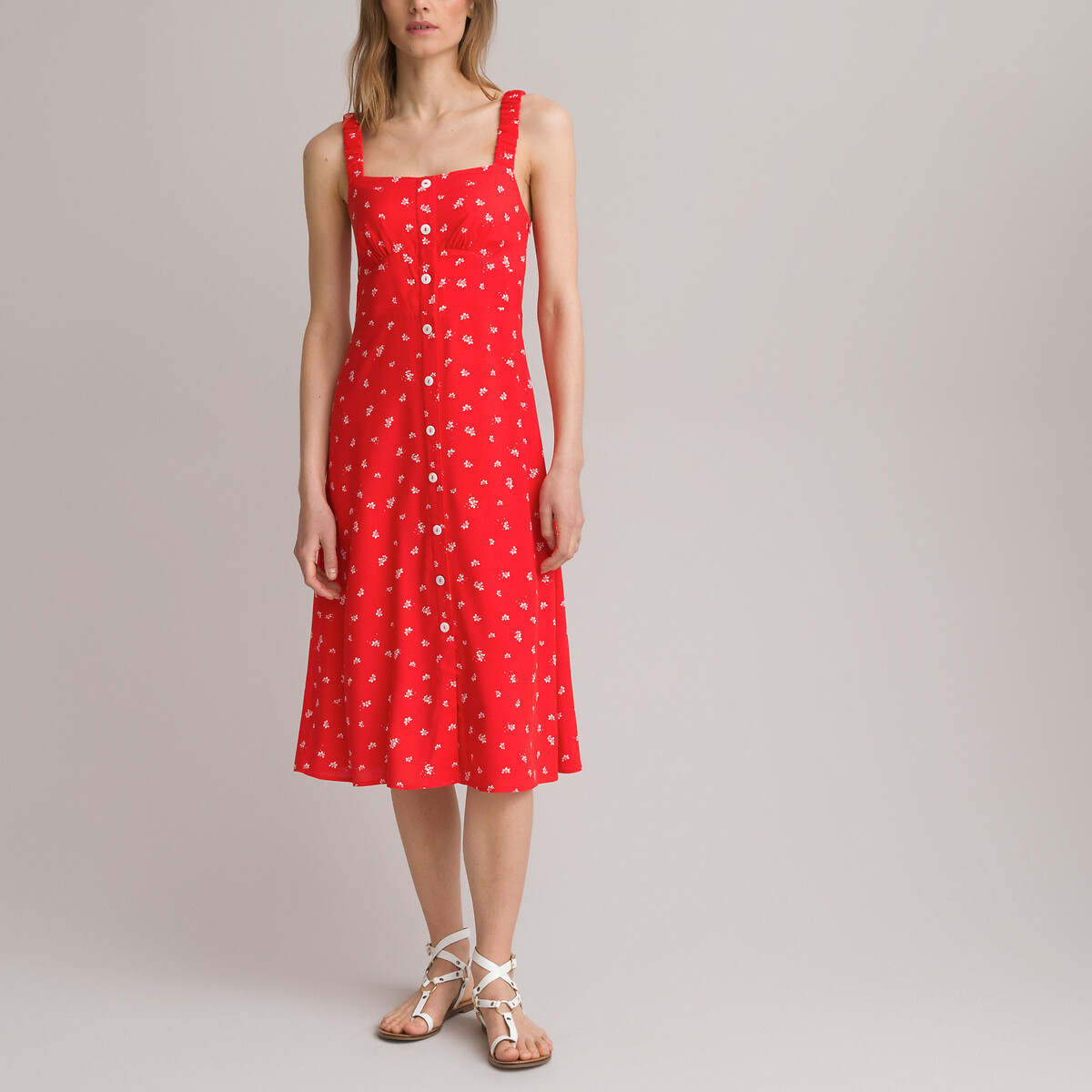 Платье LA REDOUTE COLLECTIONS С бретелями на пуговицах с цветочным принтом 52 красный, размер 52 - фото 2