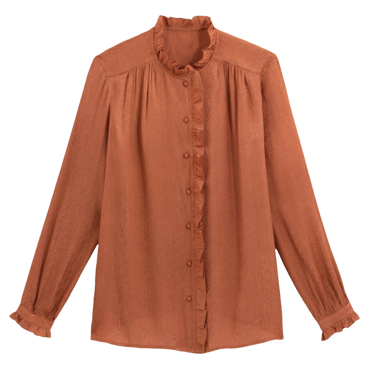 

Рубашка LA REDOUTE COLLECTIONS, Каштановый, CHAMBRAY высокий воротник с воланами 42 (FR) - 48 (RUS) каштановый