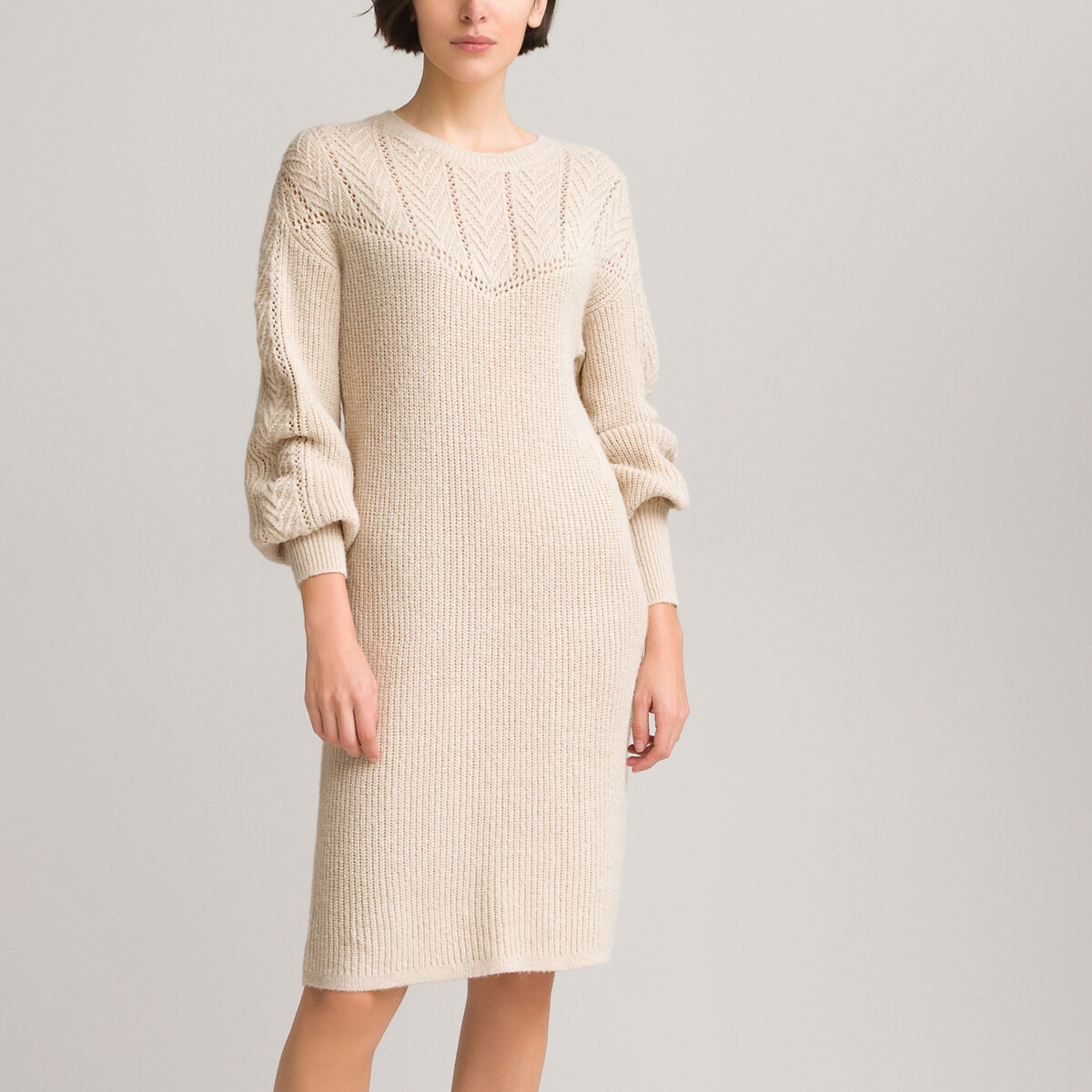 Платье-пуловер LaRedoute Короткое круглый вырез и длинные рукава L бежевый, размер L - фото 2