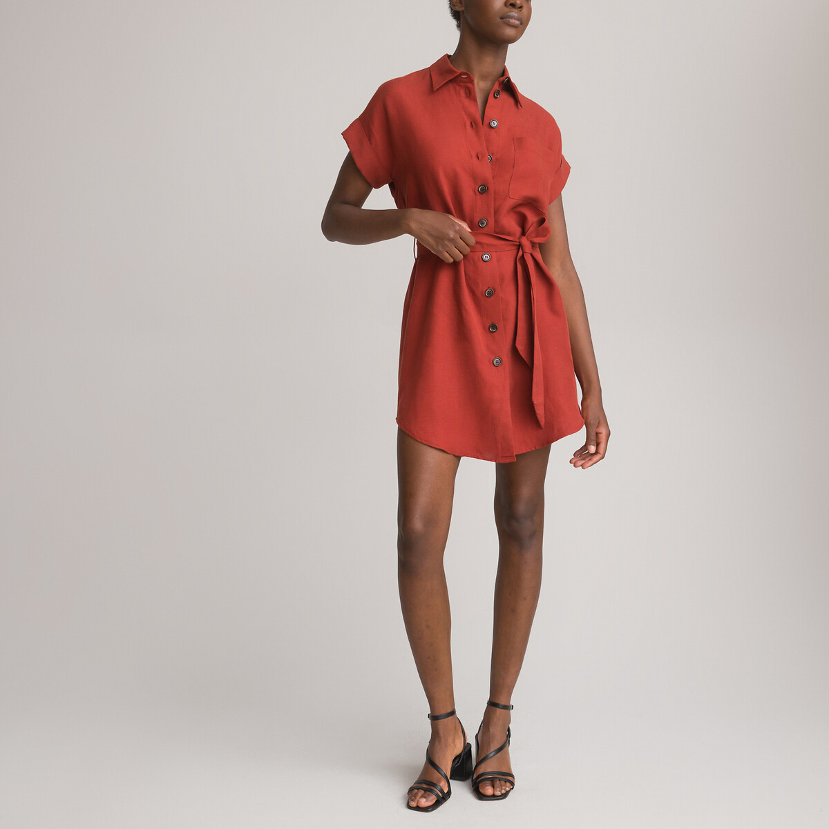 Короткое Платье-рубашка смесь лиоцелла и льна 40 красный LaRedoute, размер 40 - фото 2