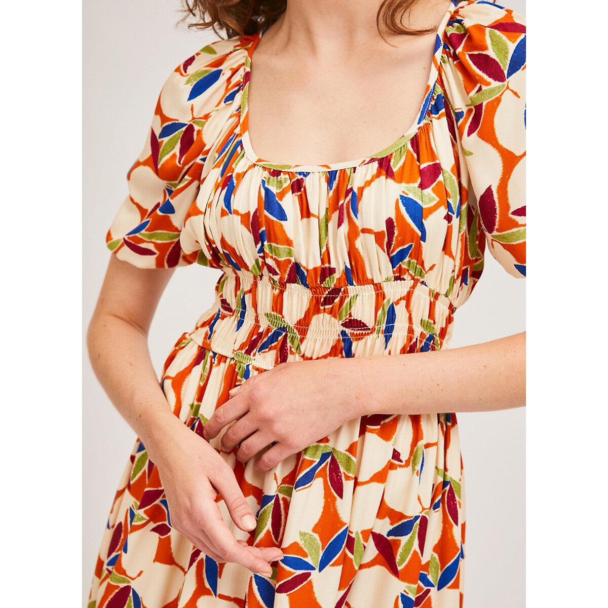Платье-миди LaRedoute Расклешенное круглый вырез с принтом XS оранжевый, размер XS - фото 4