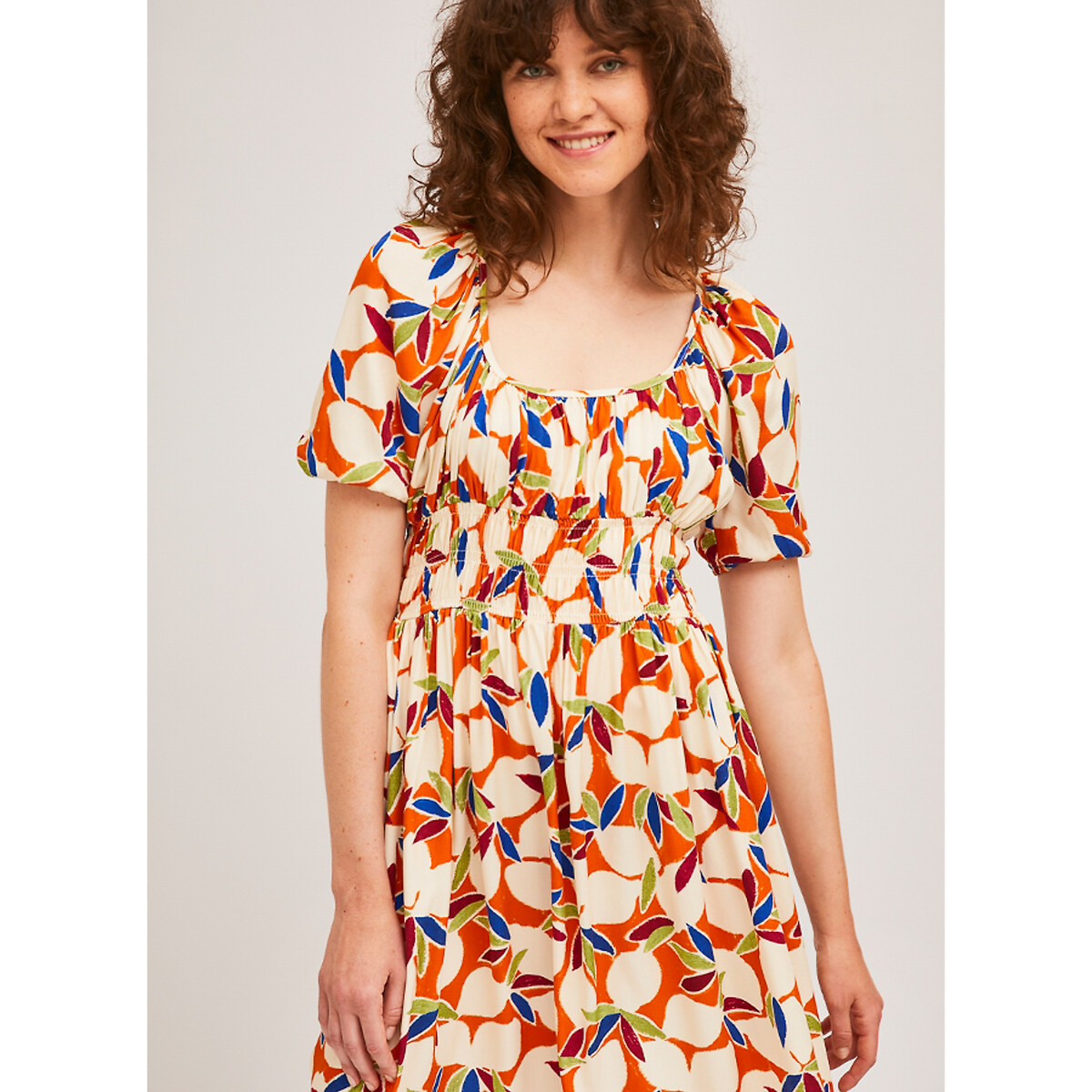 Платье-миди LaRedoute Расклешенное круглый вырез с принтом XS оранжевый, размер XS - фото 1