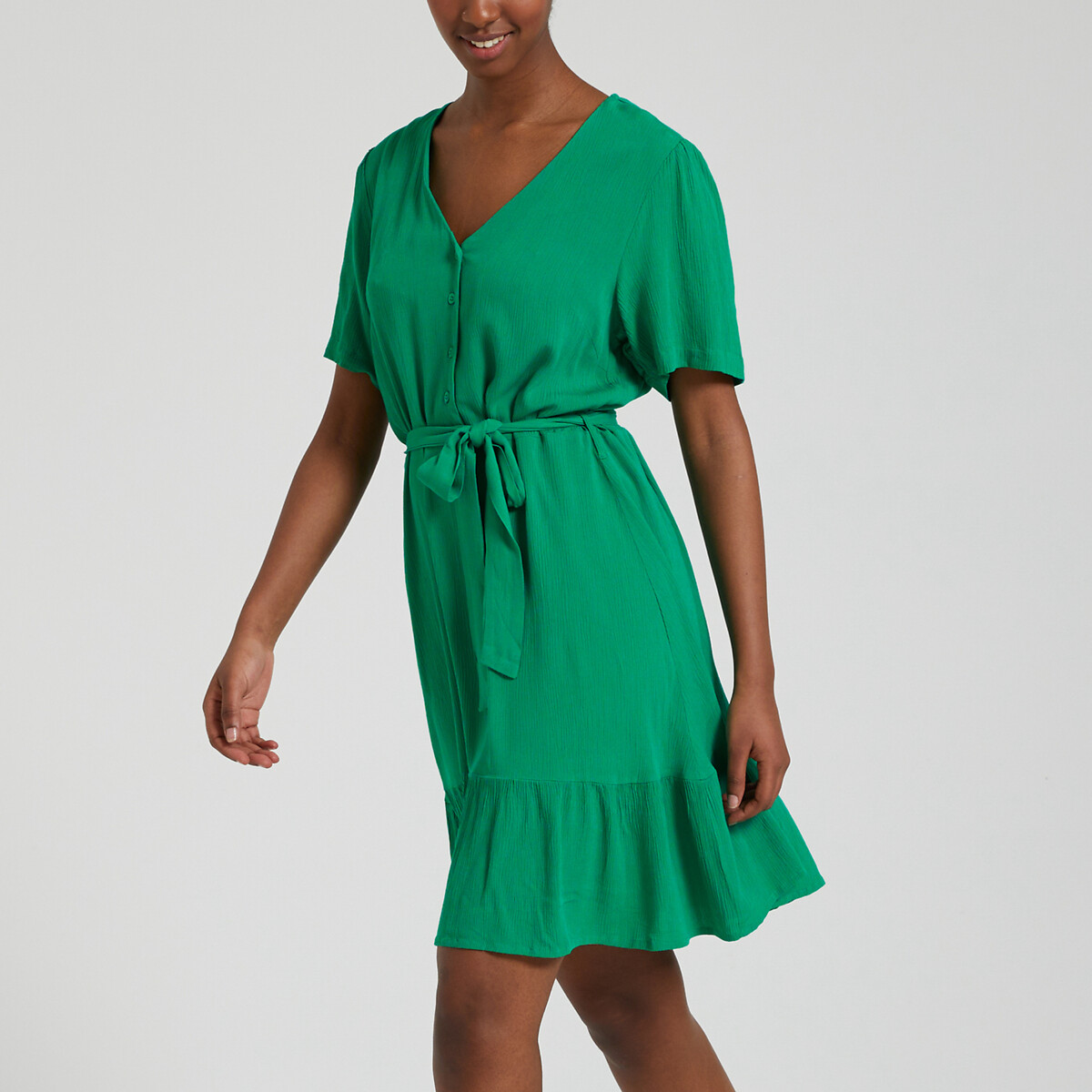 Платье короткое с V-образным вырезом с завязками  XL зеленый LaRedoute, размер XL - фото 1