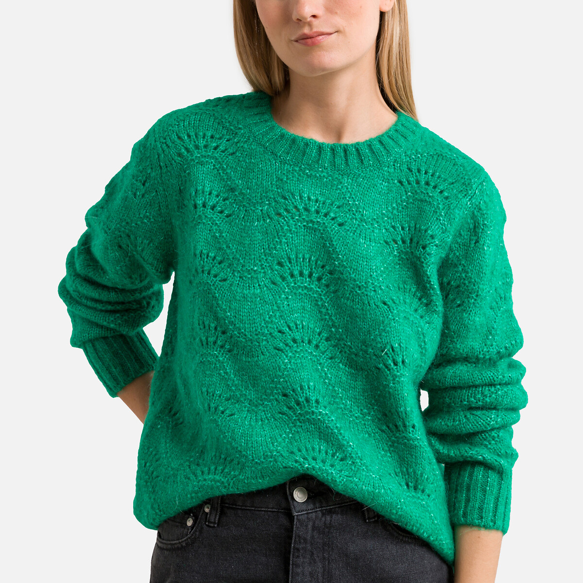Пуловер с круглым вырезом из ажурного трикотажа S зеленый пуловер с круглым вырезом из трикотажа крупной вязки hanapark s черный