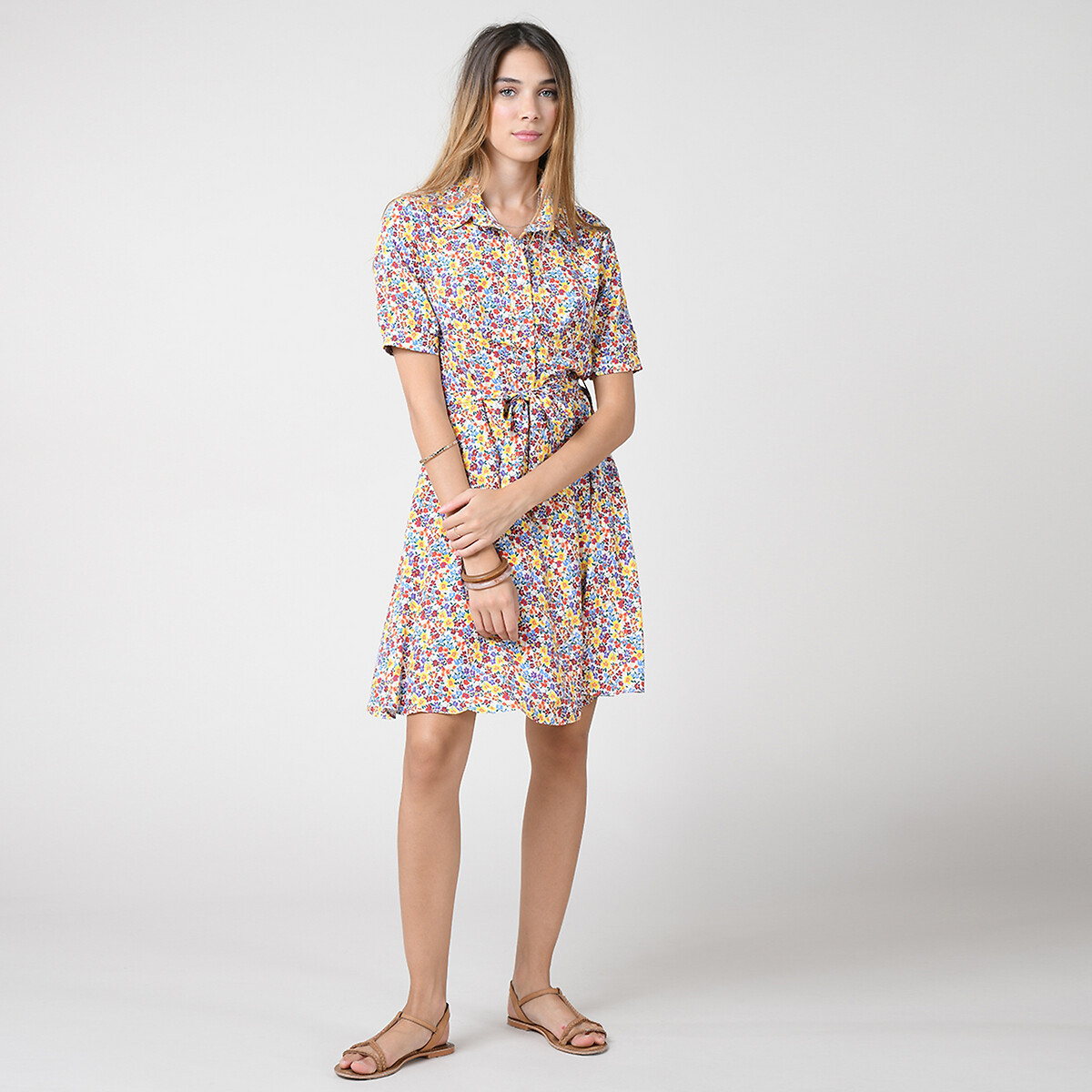 Платье LaRedoute Короткое рубашечный воротник на пуговицах с ремешком S бежевый, размер S - фото 2
