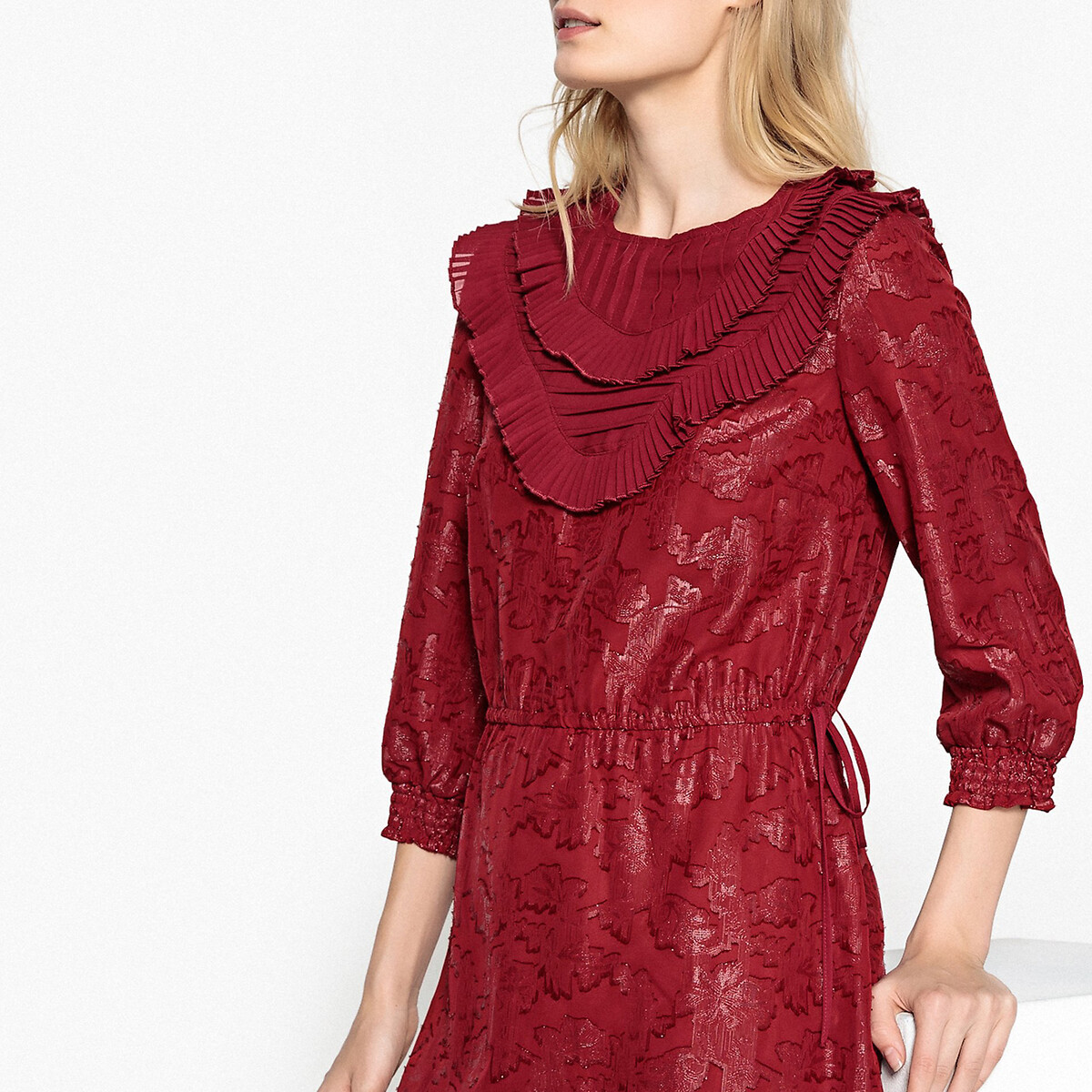 Платье LaRedoute Из рельефной ткани рукавами 34 и воланами 42 красный, размер 42 - фото 3