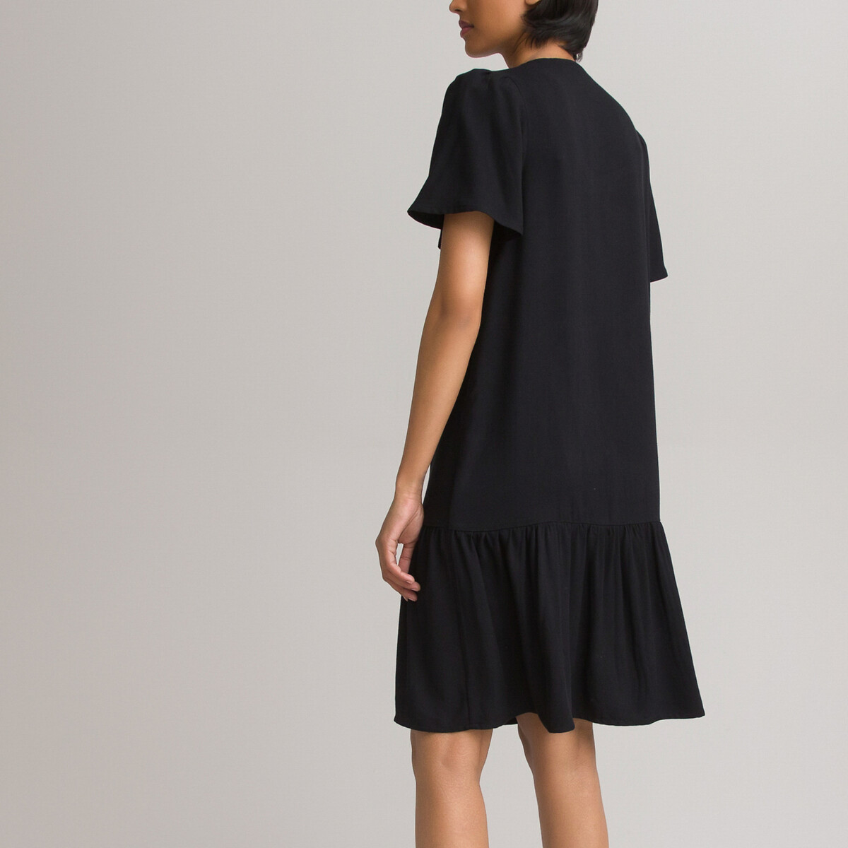 Платье LaRedoute Короткое с V-образным вырезом на пуговицах низ с воланом 42 черный, размер 42 - фото 4