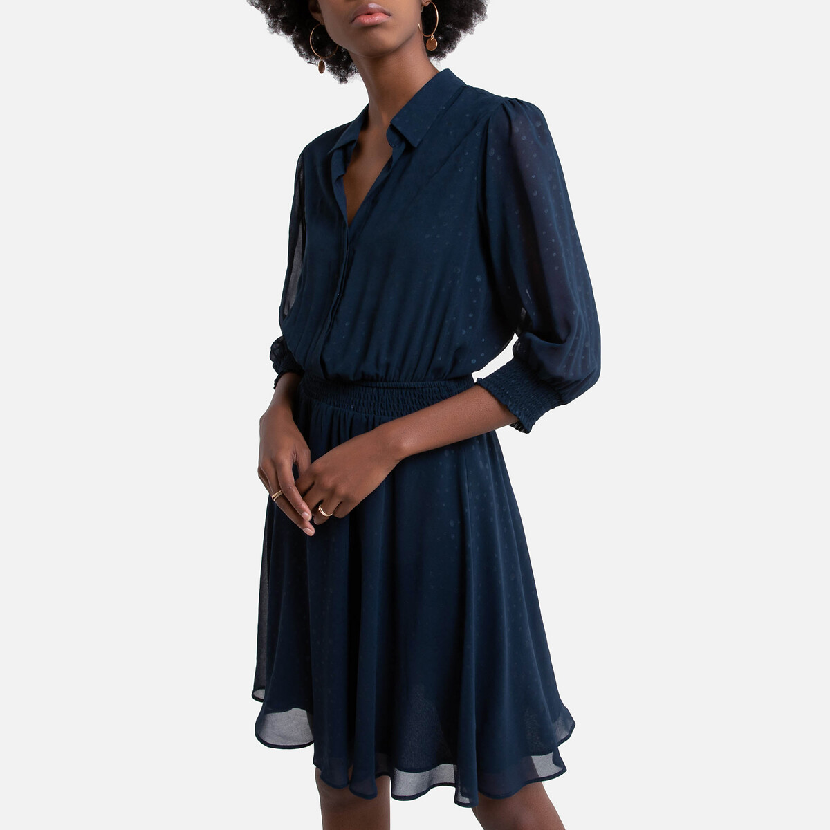 Платье LaRedoute В горошек рубашечный воротник короткое M синий, размер M - фото 1