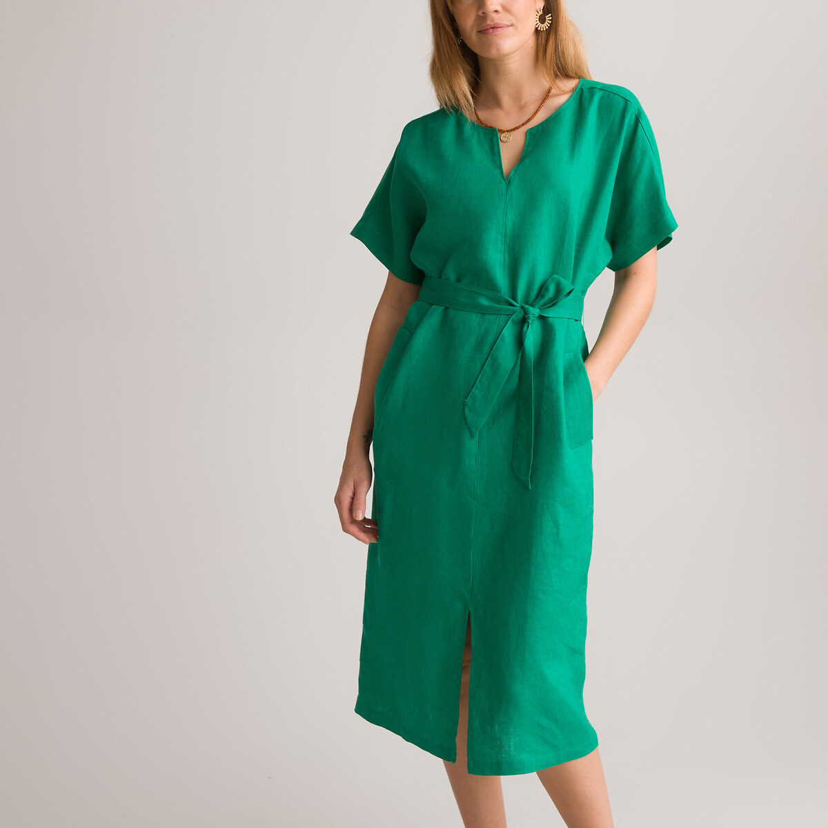 Прямое Платье из льна до колен с короткими рукавами 50 зеленый