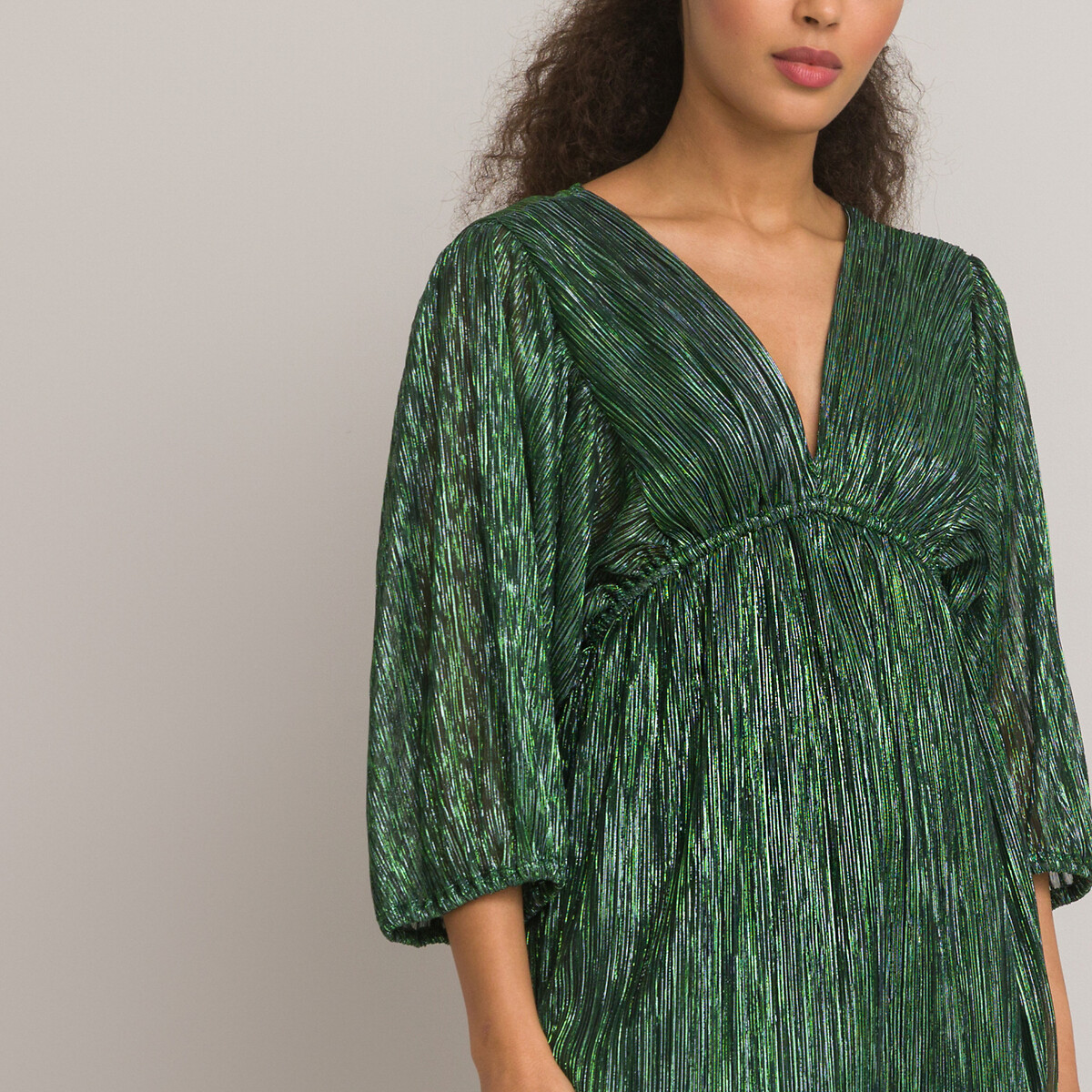 Платье Короткое с V-образным вырезом и длинными рукавами из блестящего трикотажа 50 зеленый LaRedoute, размер 50 - фото 3