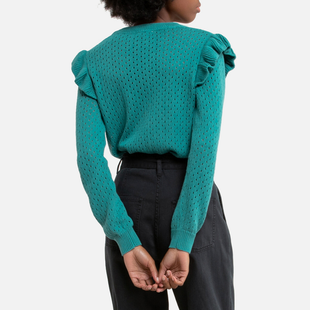 Пуловер La Redoute С приспущенными плечами из тонкого ажурного трикотажа L зеленый, размер L - фото 4