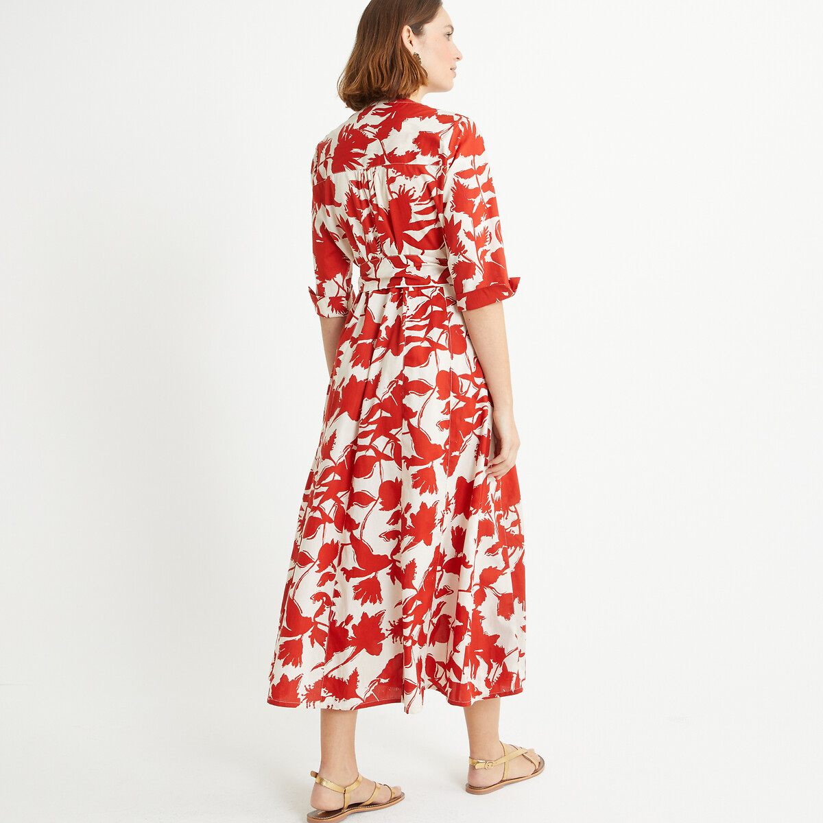 Платье длинное расклешенное с принтом короткими рукавами  58 красный LaRedoute, размер 58 - фото 4