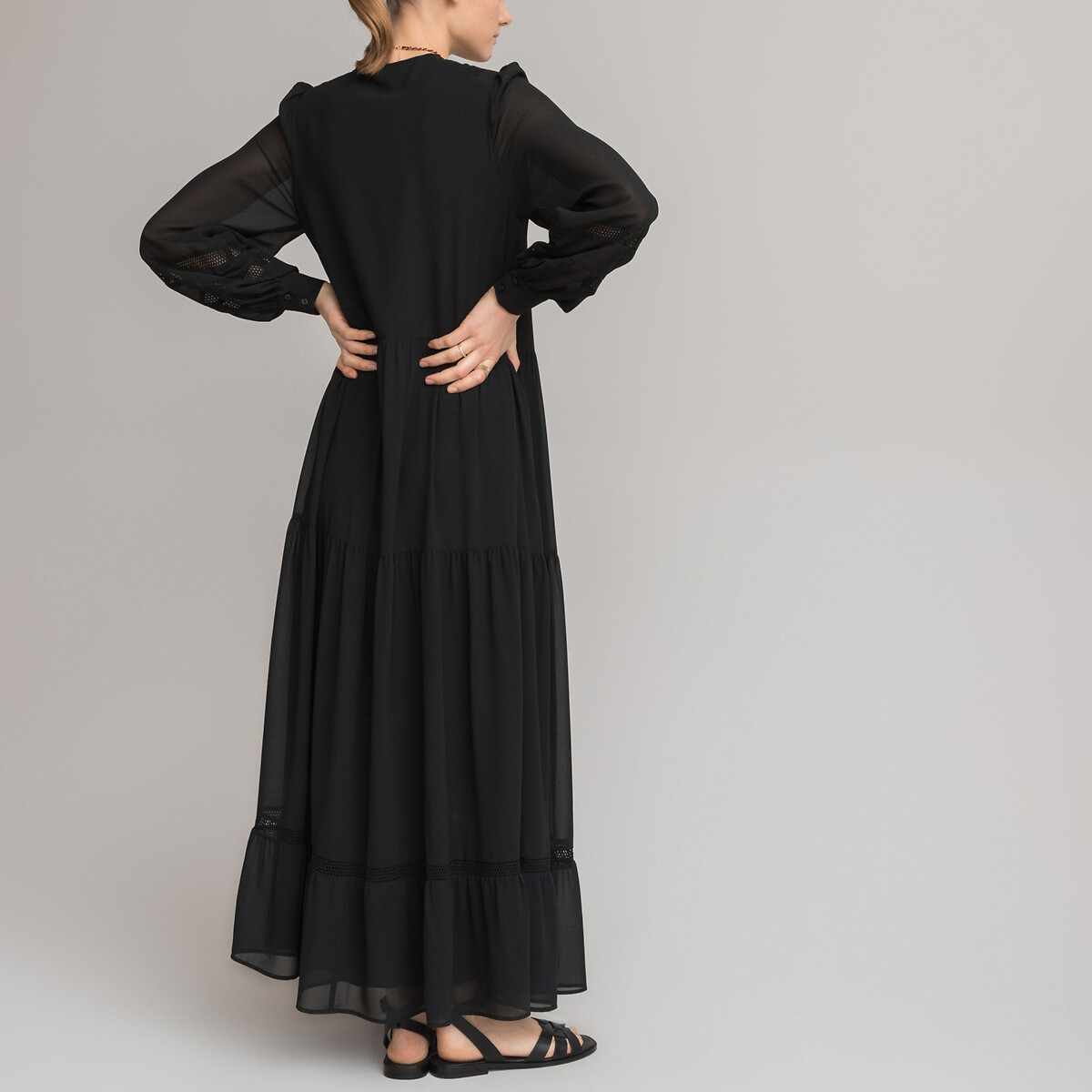Платье-макси LA REDOUTE COLLECTIONS Из вуали круглый вырез длинные рукава 44 черный, размер 44 - фото 4