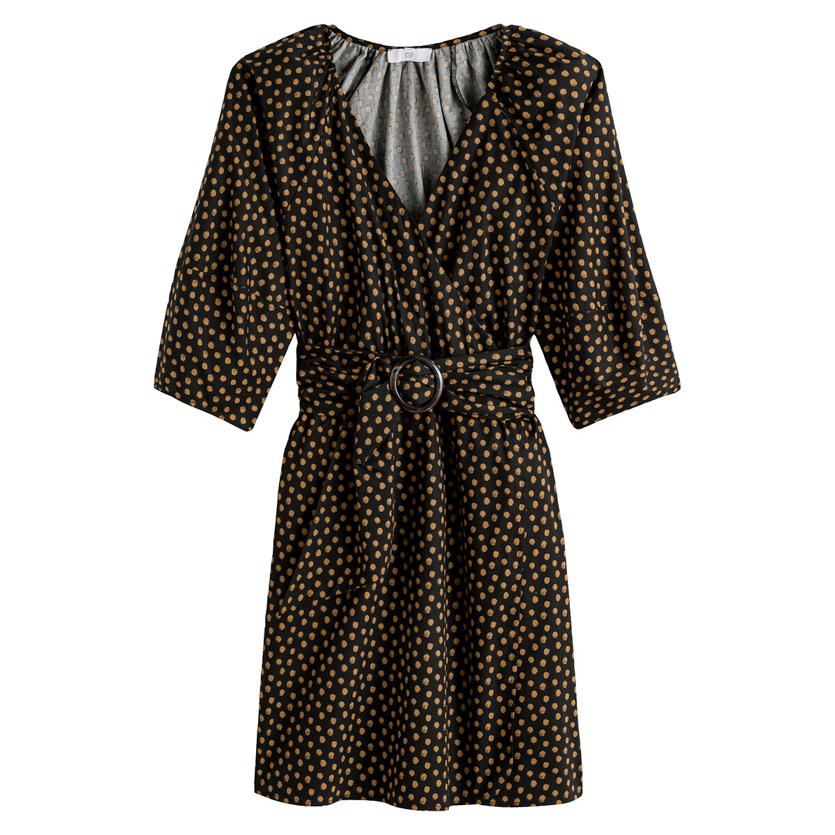 Платье LA REDOUTE COLLECTIONS С запахом короткое с рукавами 34 в горошек 54 черный, размер 54 - фото 5