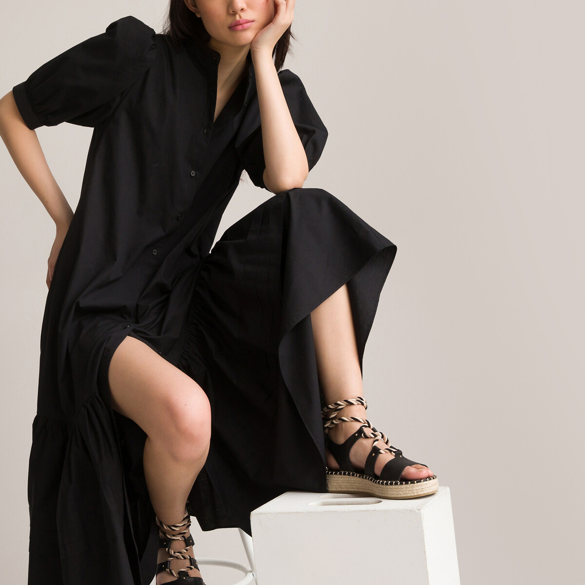 Платье С круглым вырезом и короткими рукавами с напуском низ с воланом 48 черный LaRedoute, размер 48 - фото 2