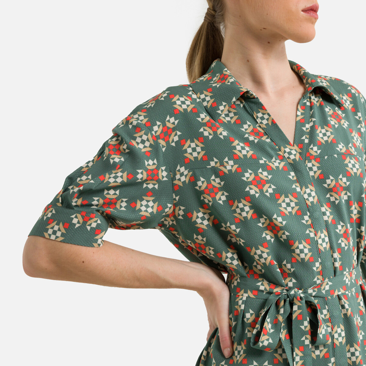 Платье-рубашка Рукава 34 с принтом 46 зеленый LaRedoute, размер 46 - фото 3