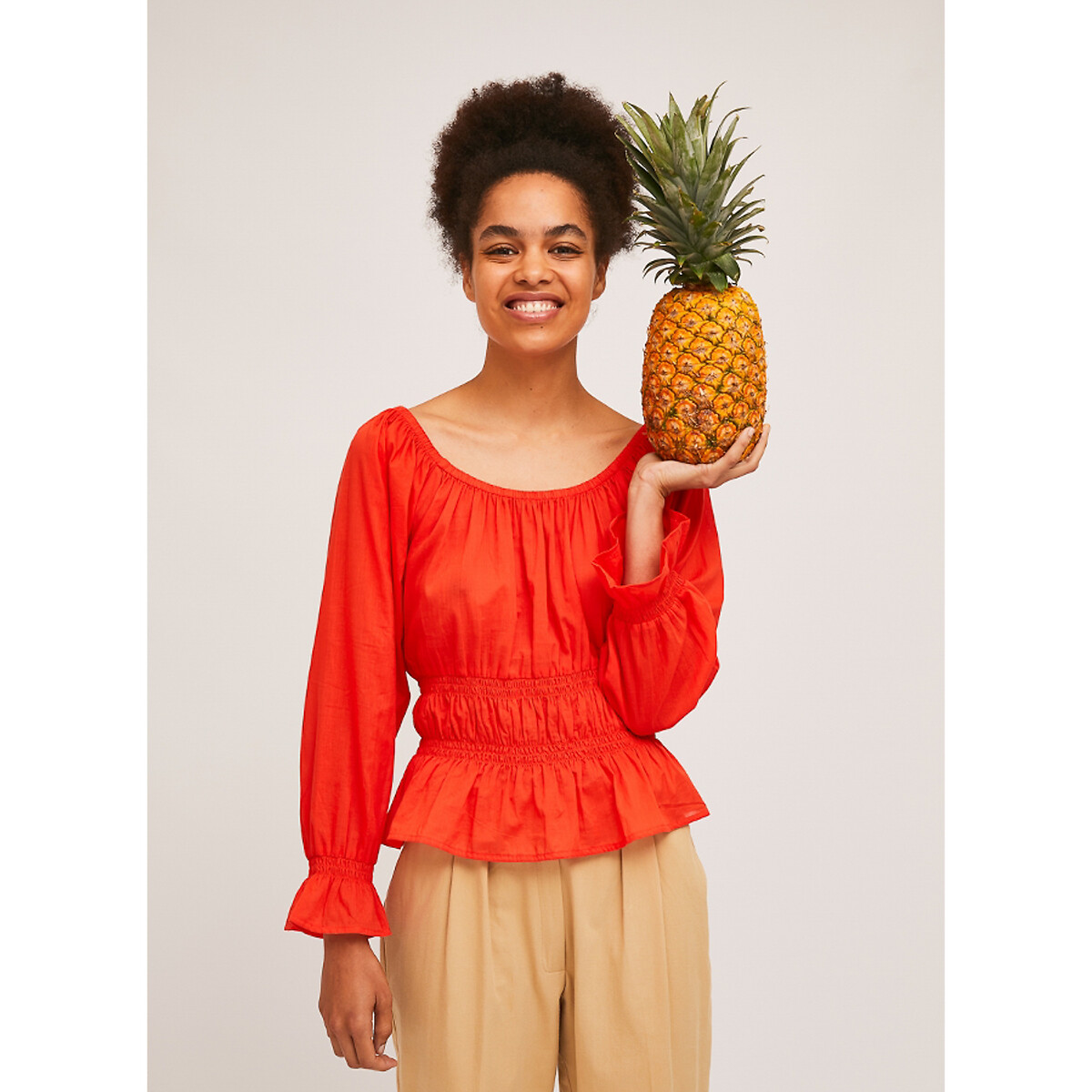 Блузка LaRedoute С длинными рукавами и круглым вырезом со сборками XL оранжевый, размер XL - фото 4