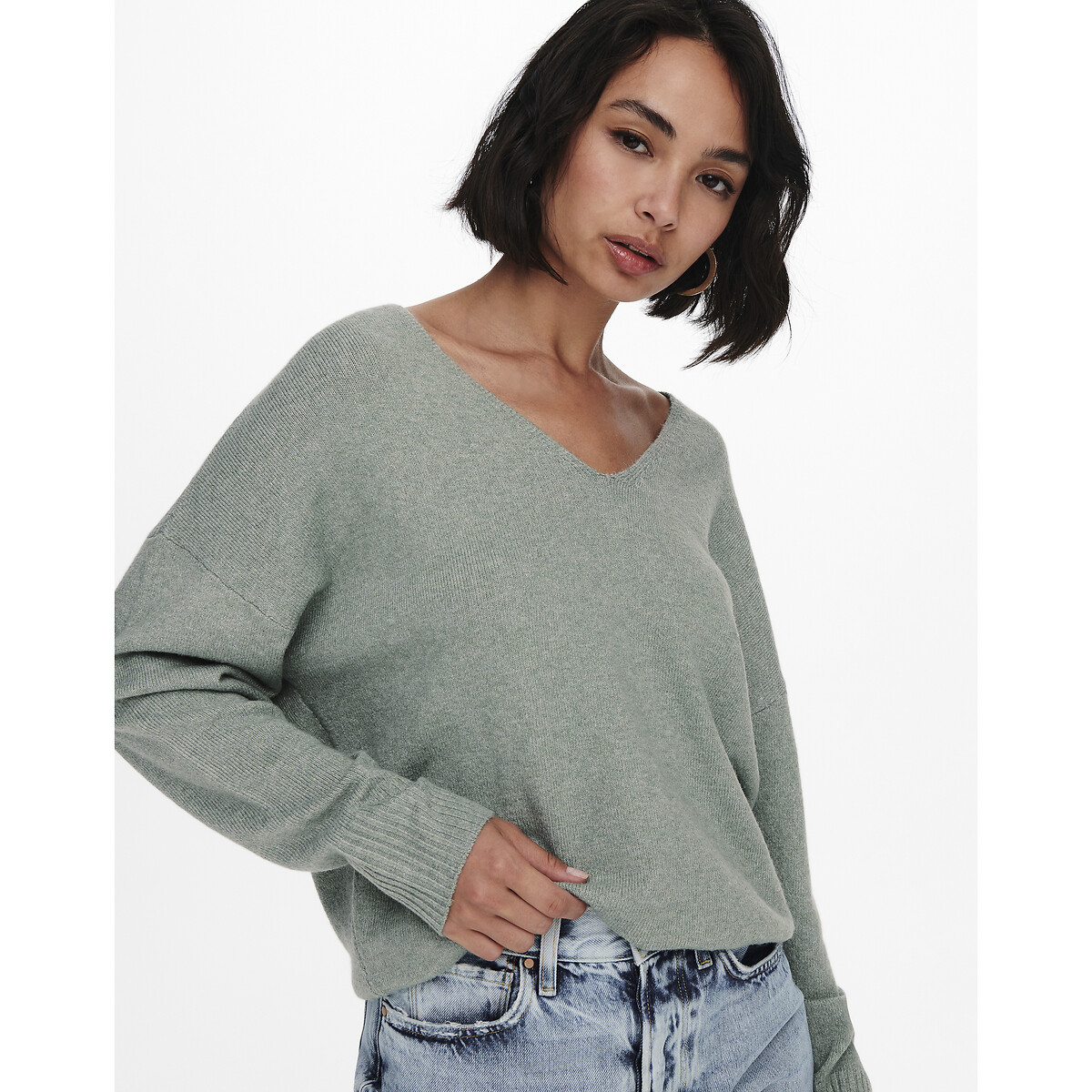Пуловер ONLY Пуловер С V-образным вырезом из тонкого трикотажа S зеленый, размер S - фото 2