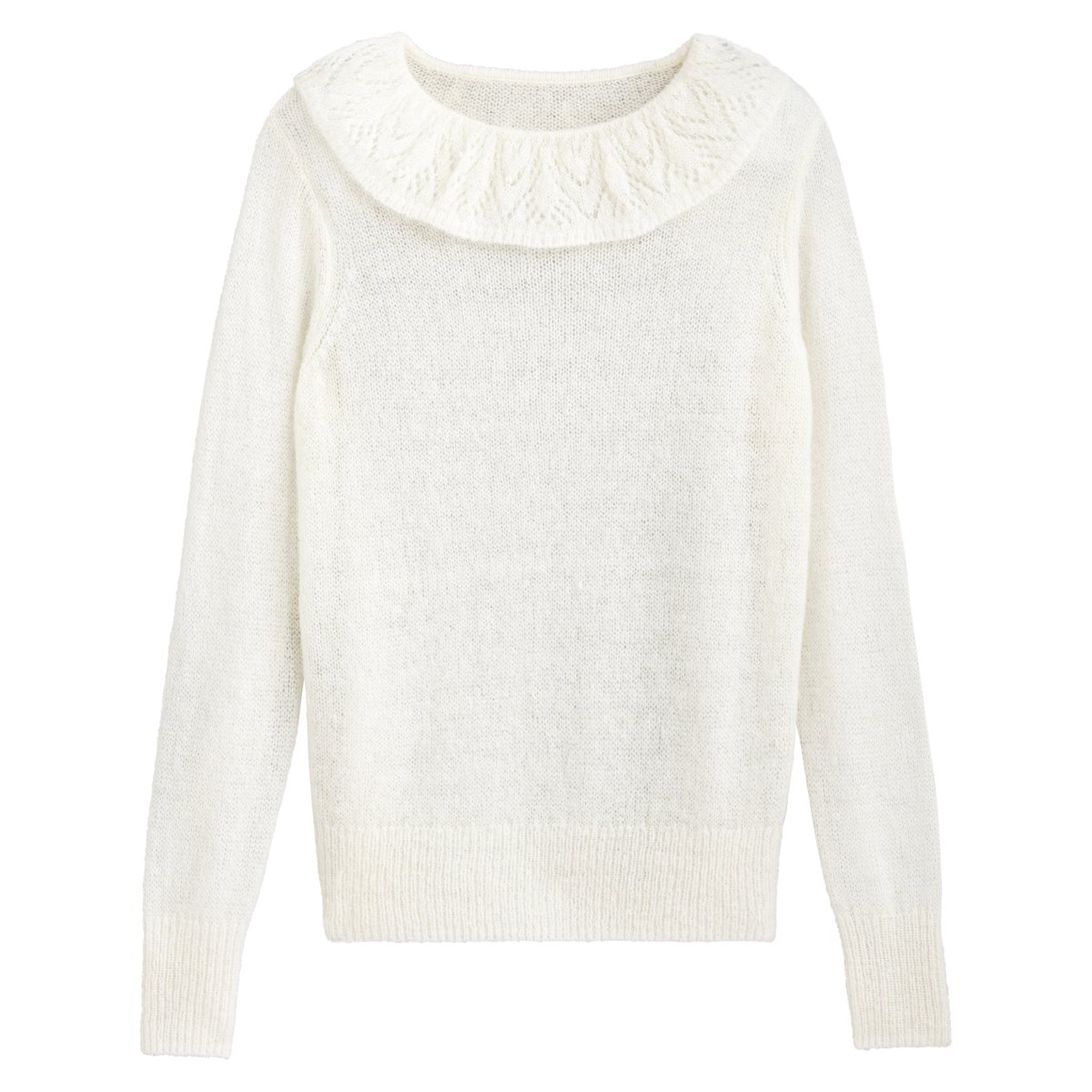 Пуловер La Redoute С круглым вырезом с воланом и длинными рукавами S белый, размер S - фото 5