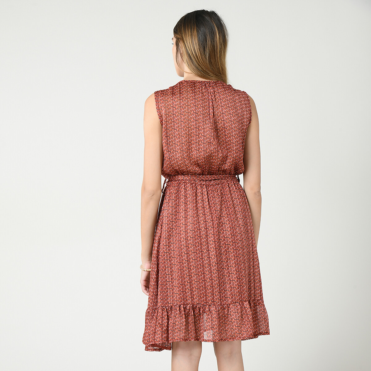 Платье LaRedoute Короткое с рисунком V-образный вырез сборки ремешок S оранжевый, размер S - фото 3
