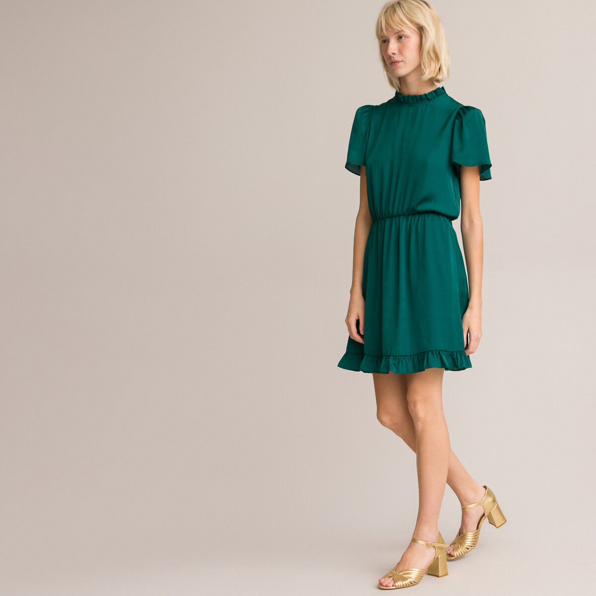 Платье Короткое воротник-стойка с воланом короткие рукава 40 зеленый LaRedoute, размер 40 - фото 4
