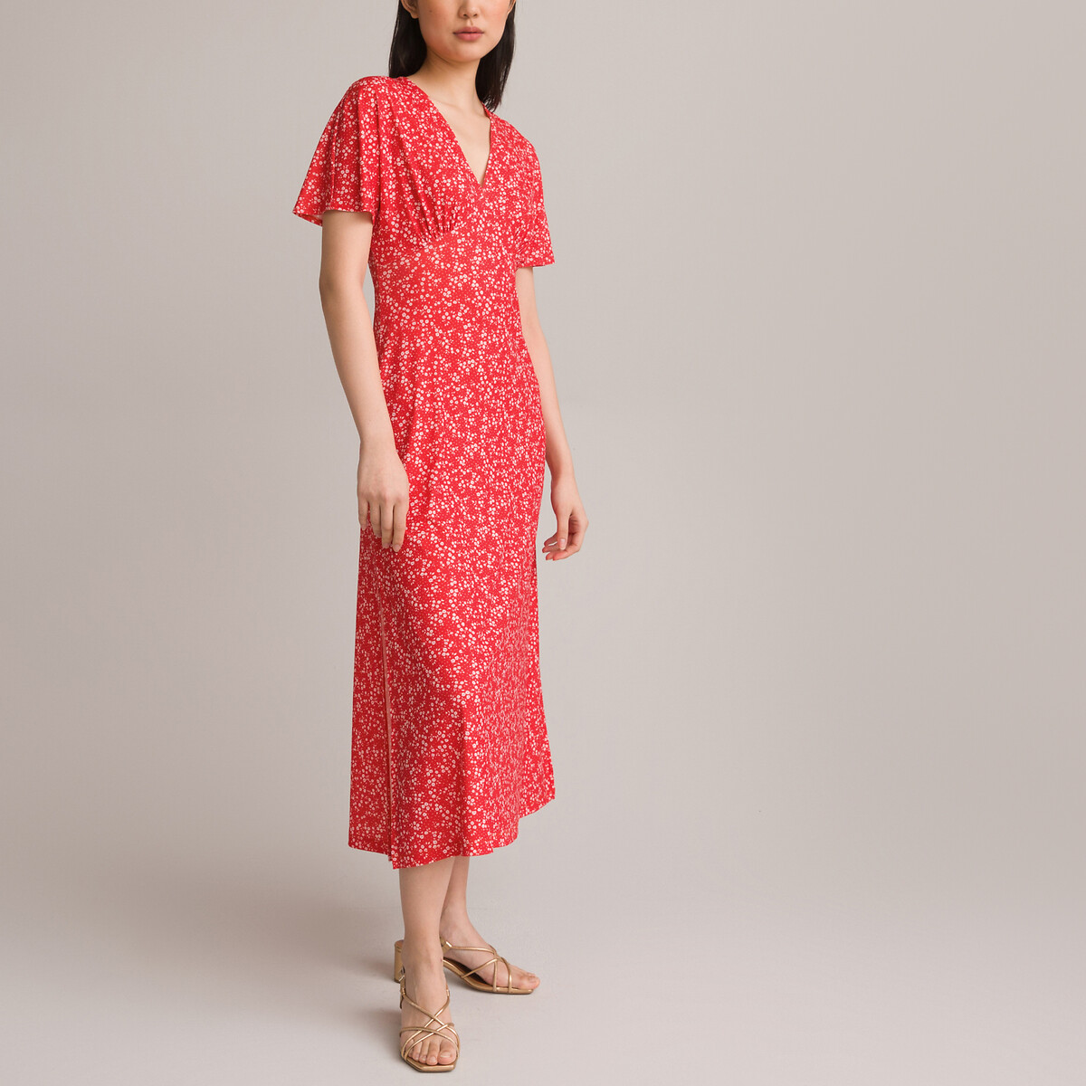 Платье Длинное расклешенное с принтом цветы 54 красный LaRedoute, размер 54 - фото 2