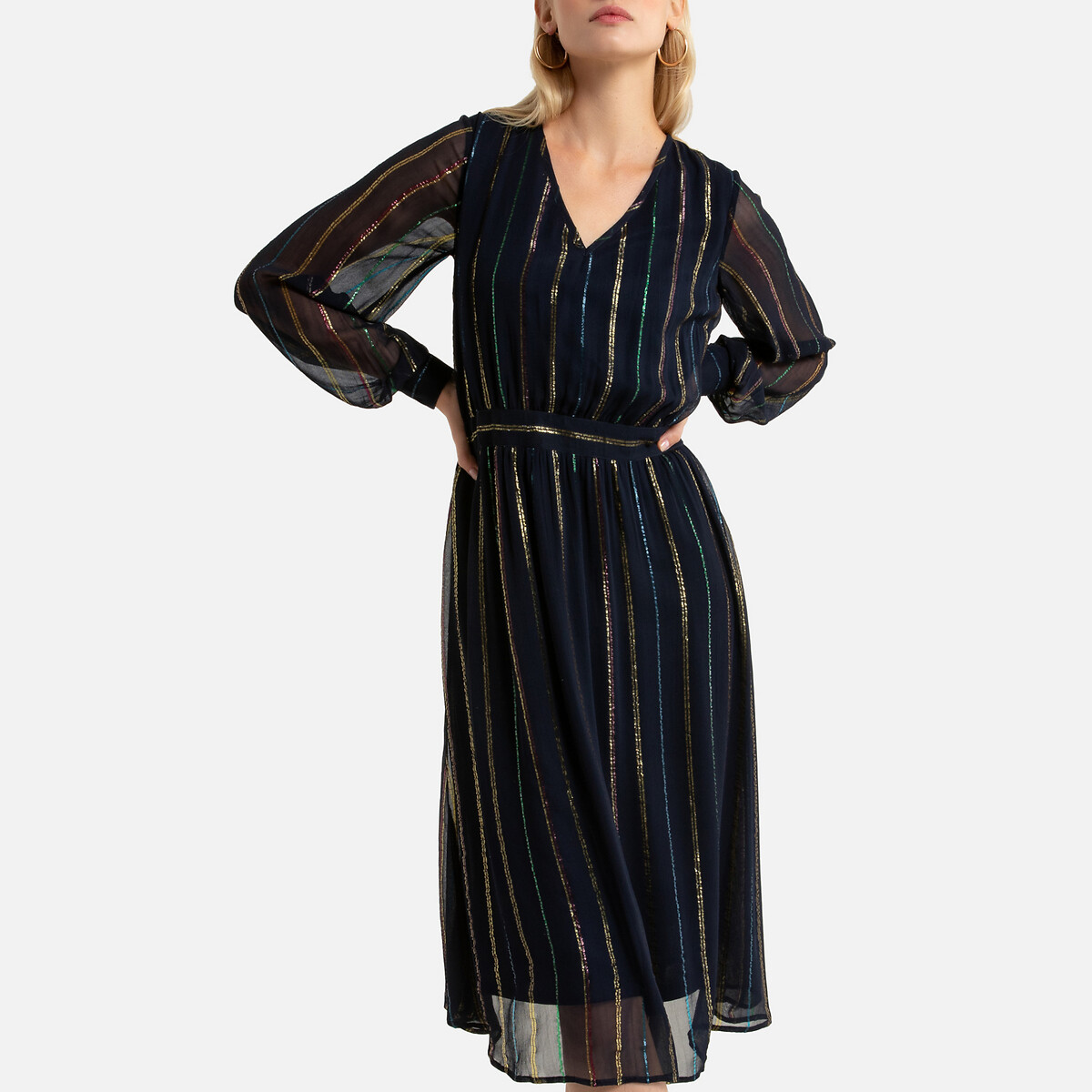 Платье-миди LaRedoute Расклешенное с длинными рукавами 54 (FR) - 60 (RUS) синий, размер 54 (FR) - 60 (RUS) Расклешенное с длинными рукавами 54 (FR) - 60 (RUS) синий - фото 2
