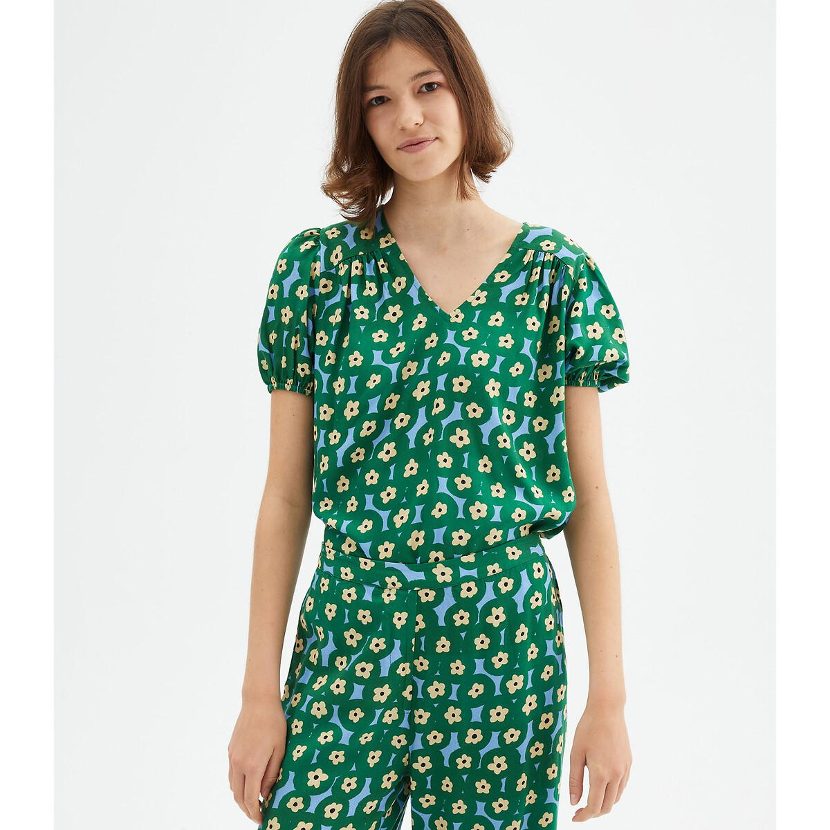 Блузка с короткими рукавами и цветочным принтом XS зеленый блузка с цветочным принтом xs зеленый