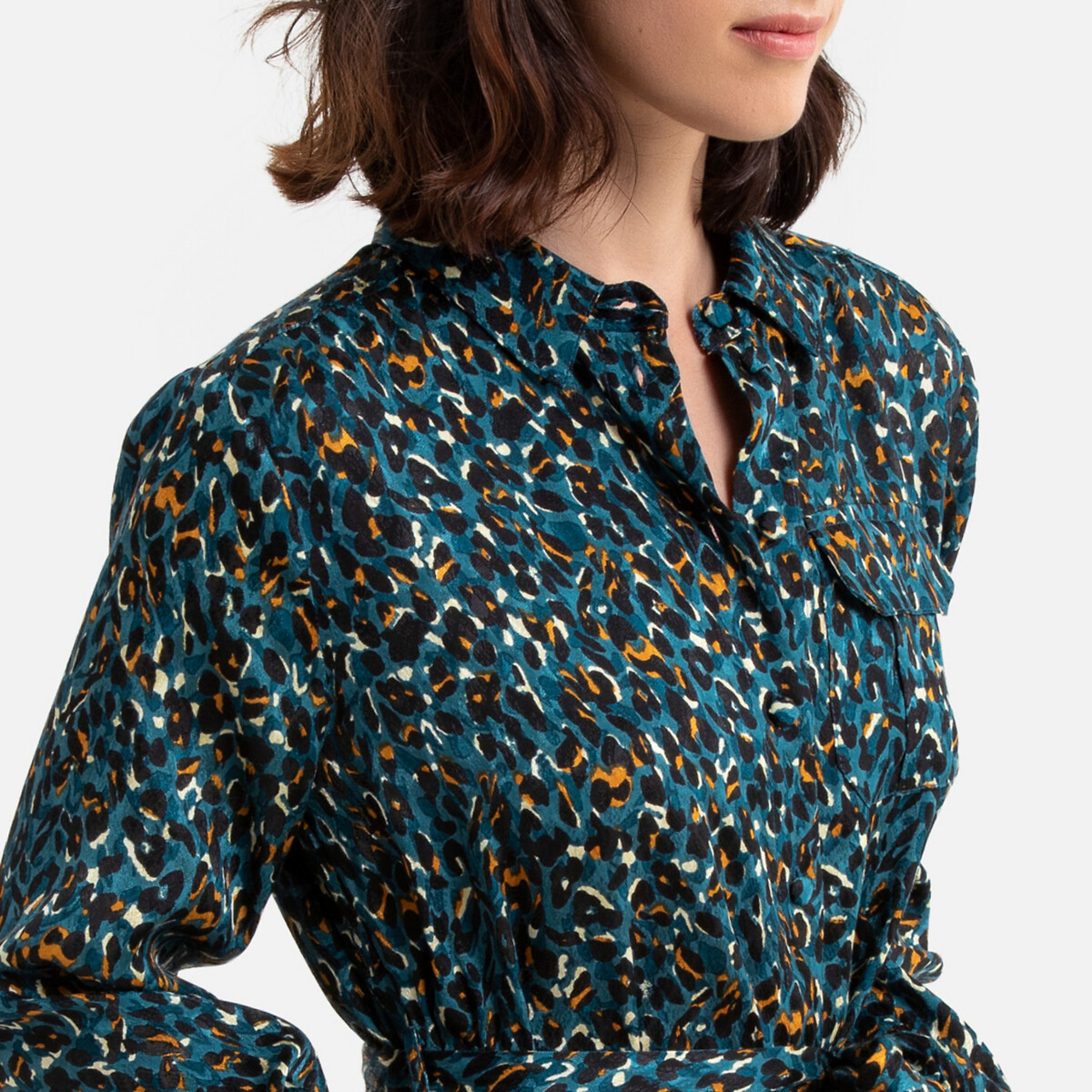 Платье La Redoute Длинное с леопардовым принтом рубашечный воротник M синий, размер M - фото 3