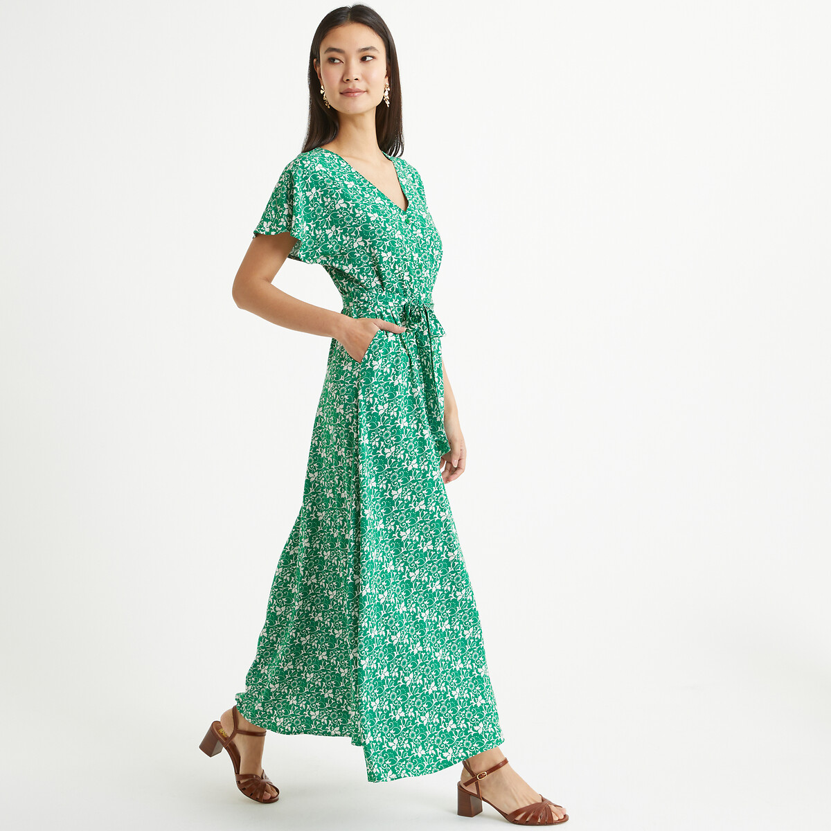 Платье длинное расклешенное с цветочным принтом 58 зеленый платье расклешенное с принтом uniqlo зеленый