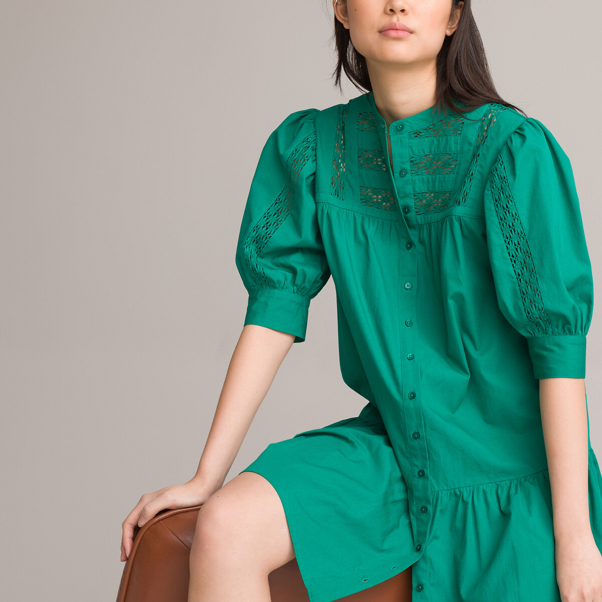 Платье На пуговицах расклешенное со вставками из тесьмы 40 зеленый LaRedoute, размер 40 - фото 1