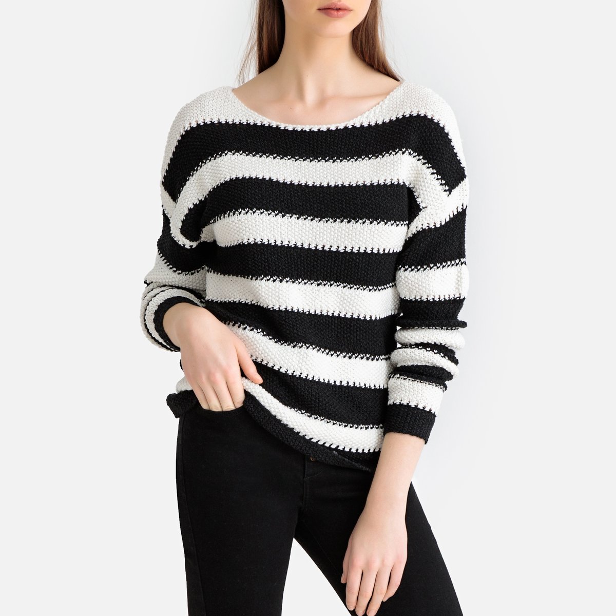 Пуловер La Redoute В полоску в морском стиле из плотного трикотажа S черный, размер S - фото 1