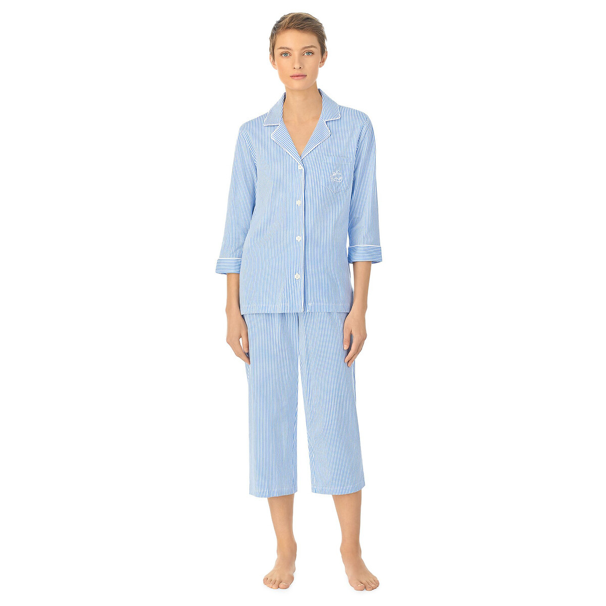 Пижама Длинная в полоску из хлопка рукава 34 XL синий