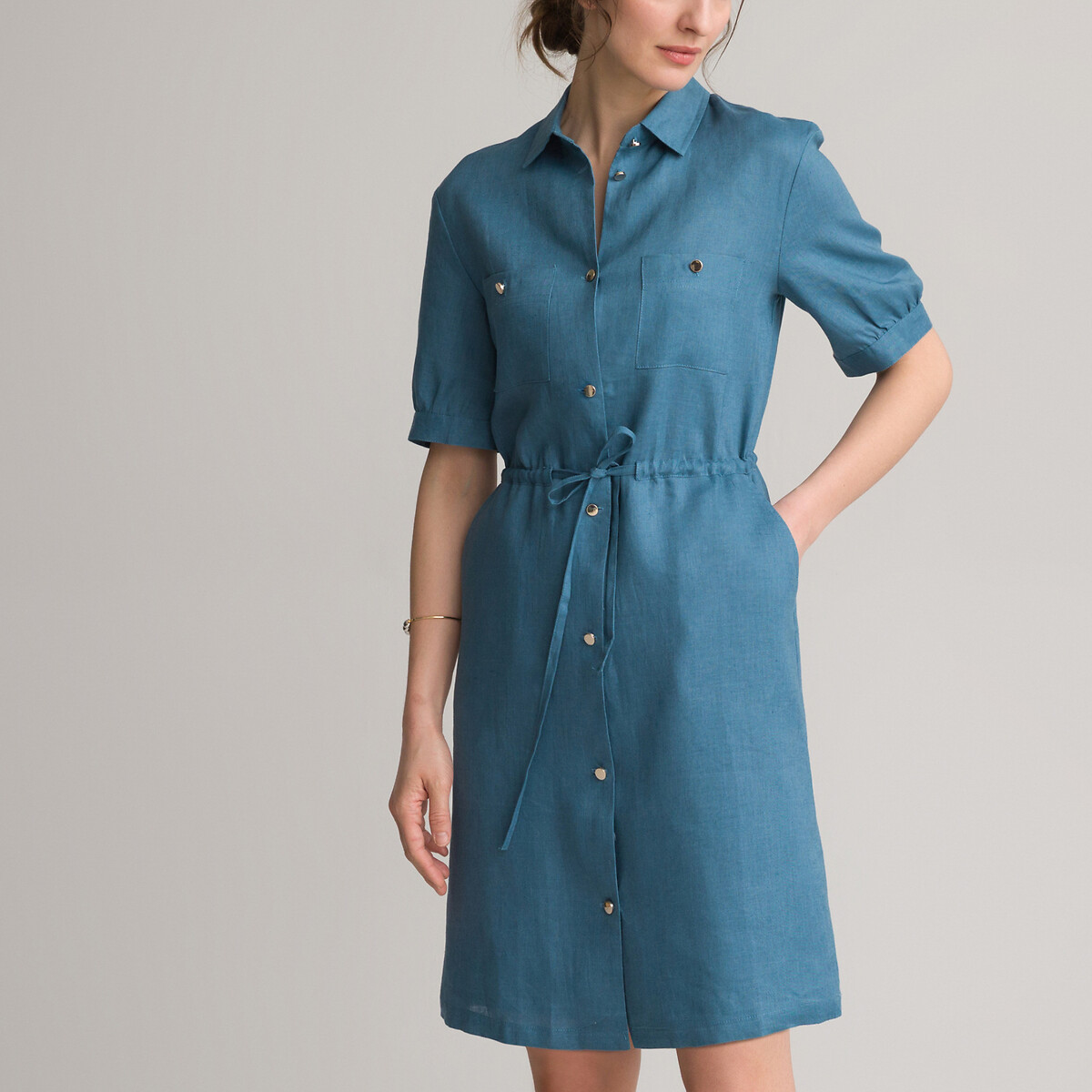 Платье-миди ANNE WEYBURN Прямое с короткими рукавами из льна 54 синий, размер 54 - фото 3