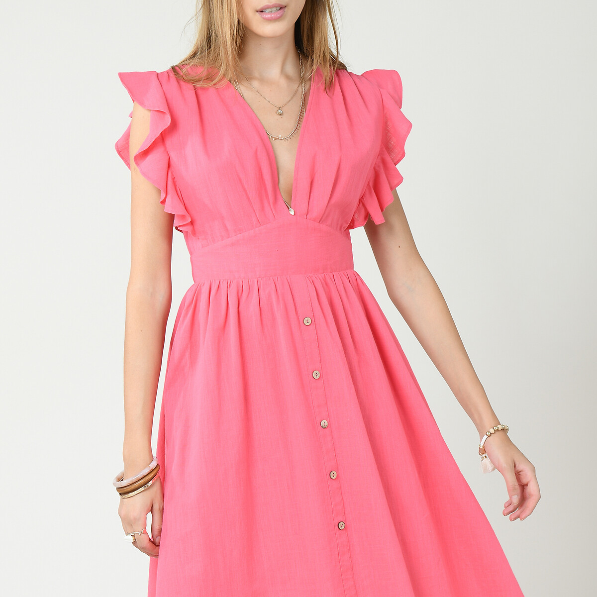 Платье LaRedoute Из хлопка вставки с воланами на пуговицах M розовый, размер M - фото 4