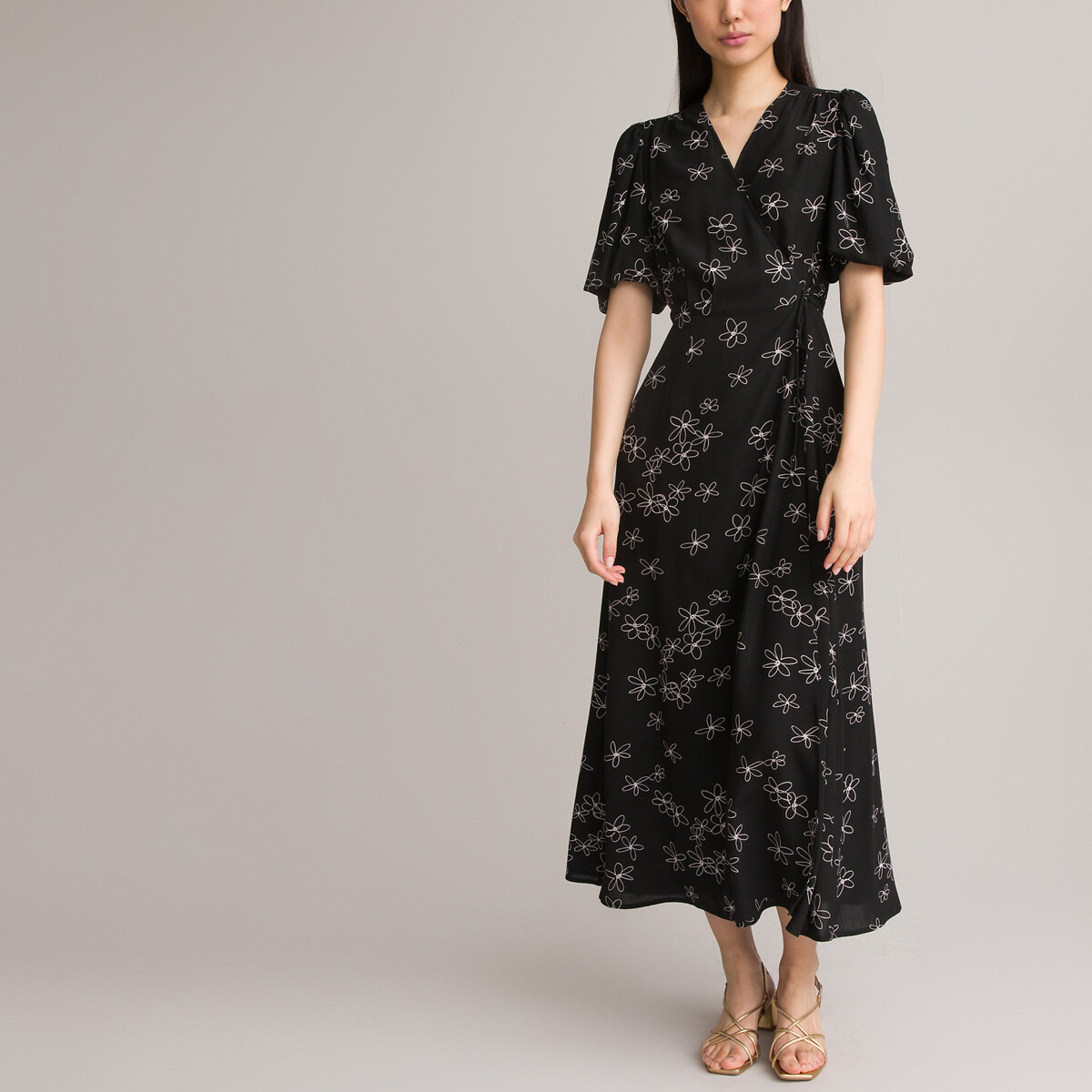Платье Длинное с запахом с цветочным принтом 50 черный LaRedoute, размер 50 - фото 2