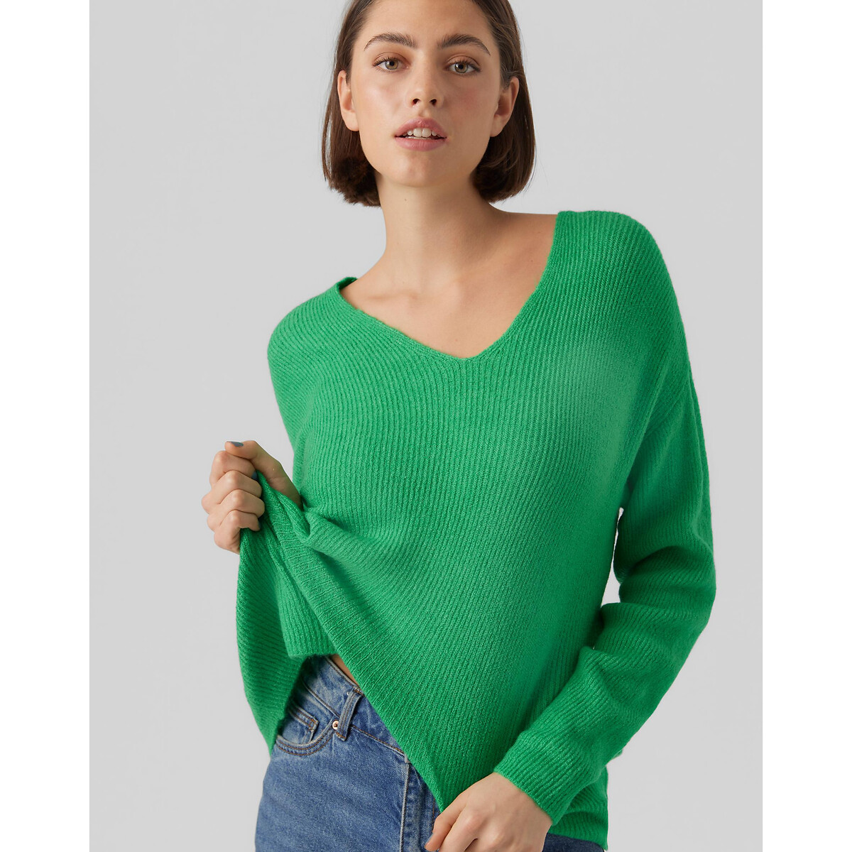 Пуловер Из пышного трикотажа V-образный вырез S зеленый