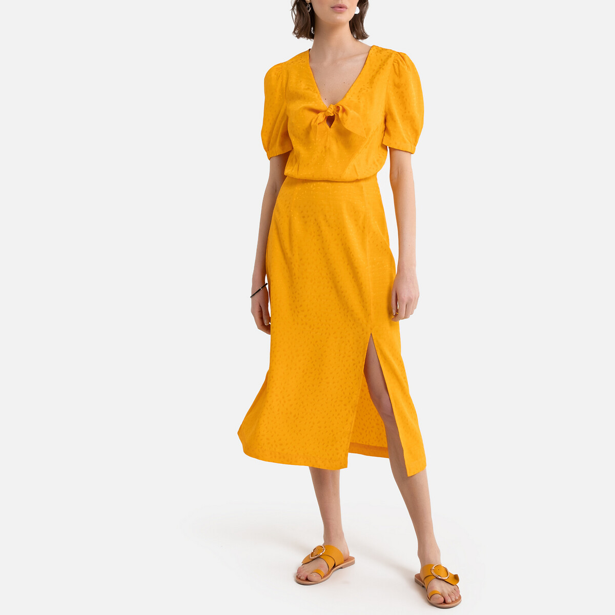 Платье La Redoute Длинное для торжества из сатиновой жаккардовой ткани 40 (FR) - 46 (RUS) желтый, размер 40 (FR) - 46 (RUS) Длинное для торжества из сатиновой жаккардовой ткани 40 (FR) - 46 (RUS) желтый - фото 1