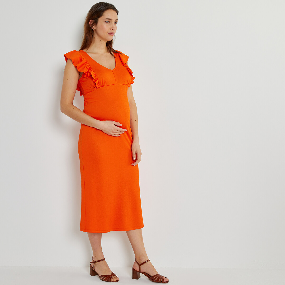 Платье для периода беременности без рукавов с воланами из джерси M оранжевый