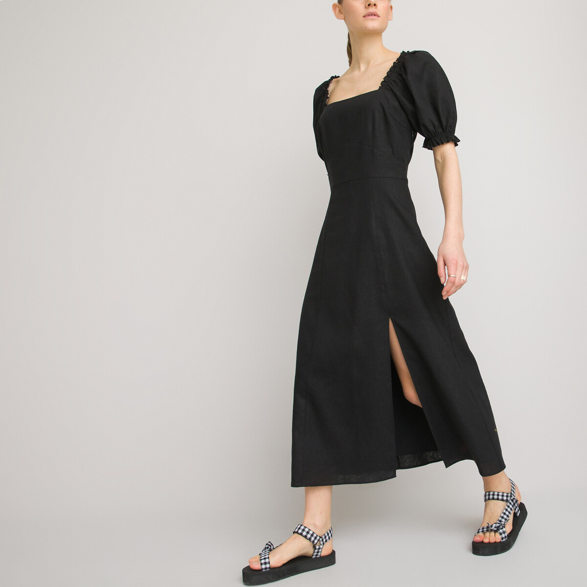 Платье LA REDOUTE COLLECTIONS Длинное с квадратным вырезом из смешанного льна 44 черный, размер 44 - фото 1