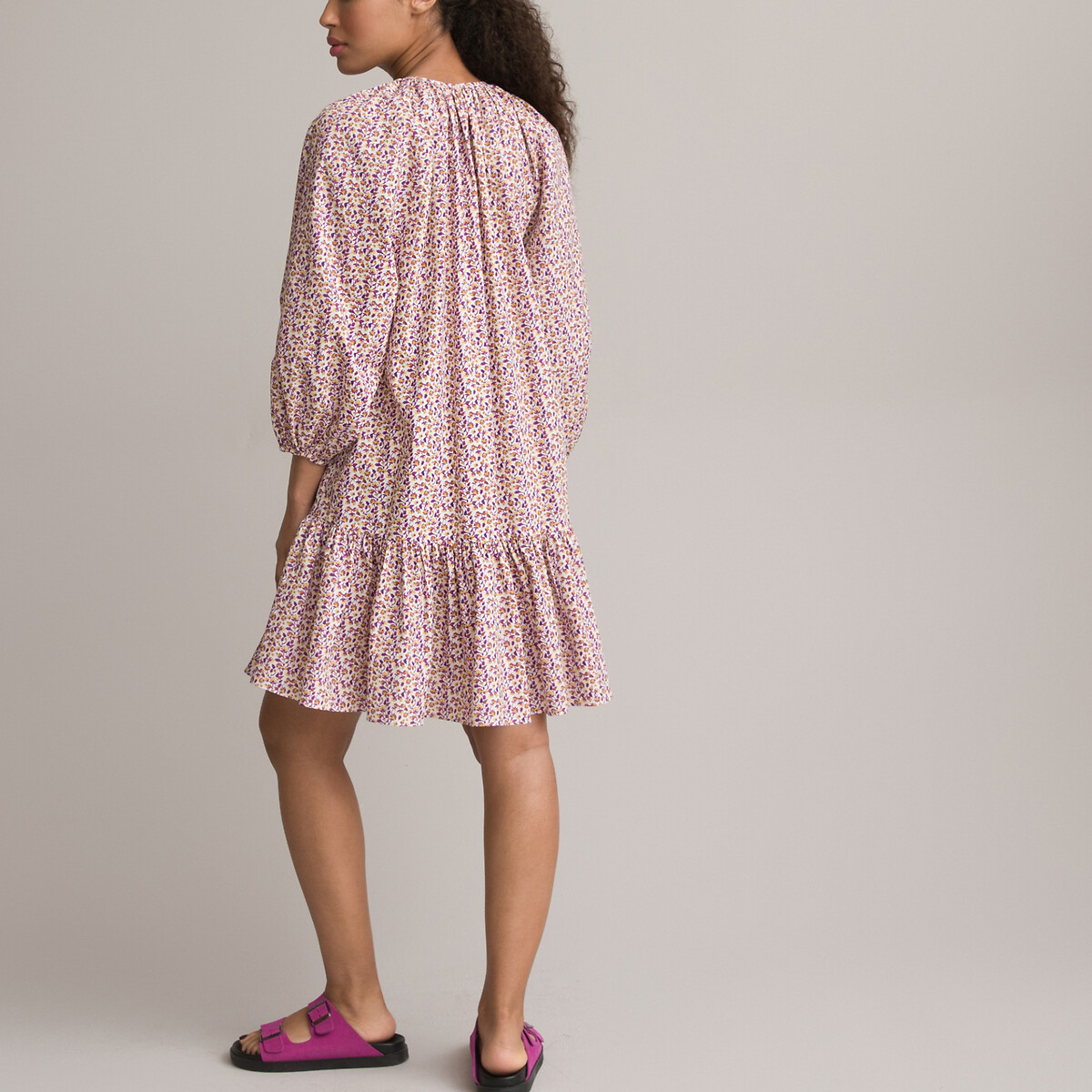 Платье Расклешенное круглый вырез и рукава с напуском 34 с принтом 58 бежевый LaRedoute, размер 58 - фото 4