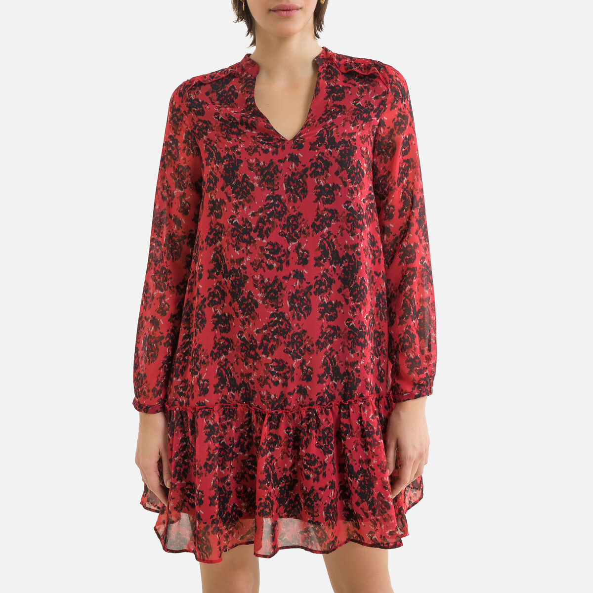 Платье IKKS Объемное укороченное из вуали с цветочным принтом 46 красный, размер 46 - фото 1