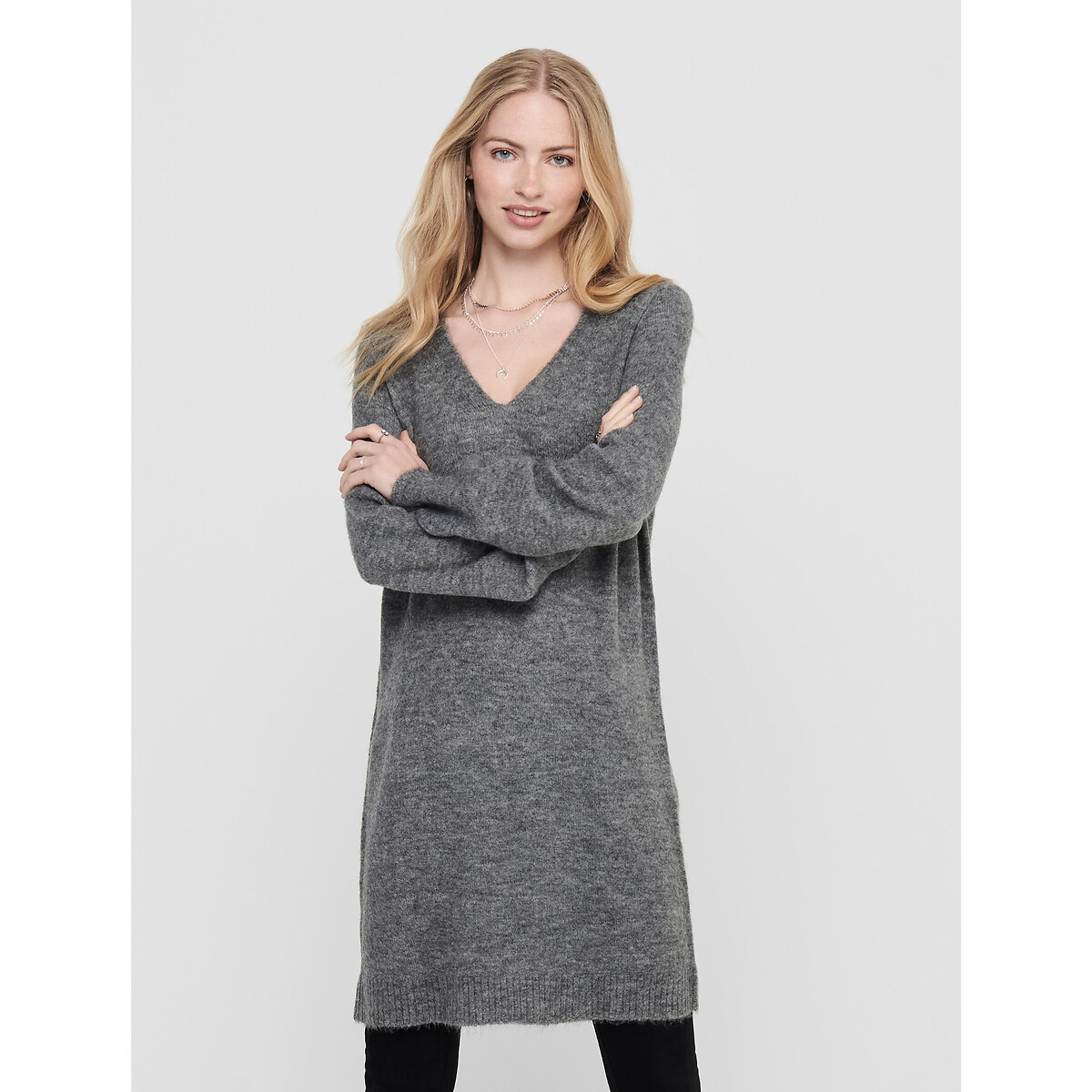 Платье-пуловер С V-образным вырезом M серый LaRedoute, размер M - фото 1