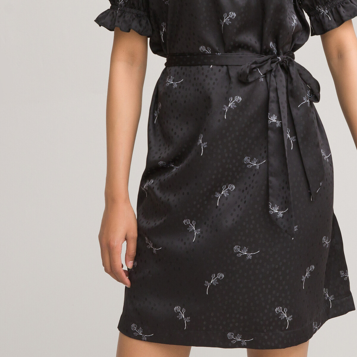 Платье LaRedoute С воротником-стойкой короткие рукава из сатина с принтом 42 черный, размер 42 - фото 3